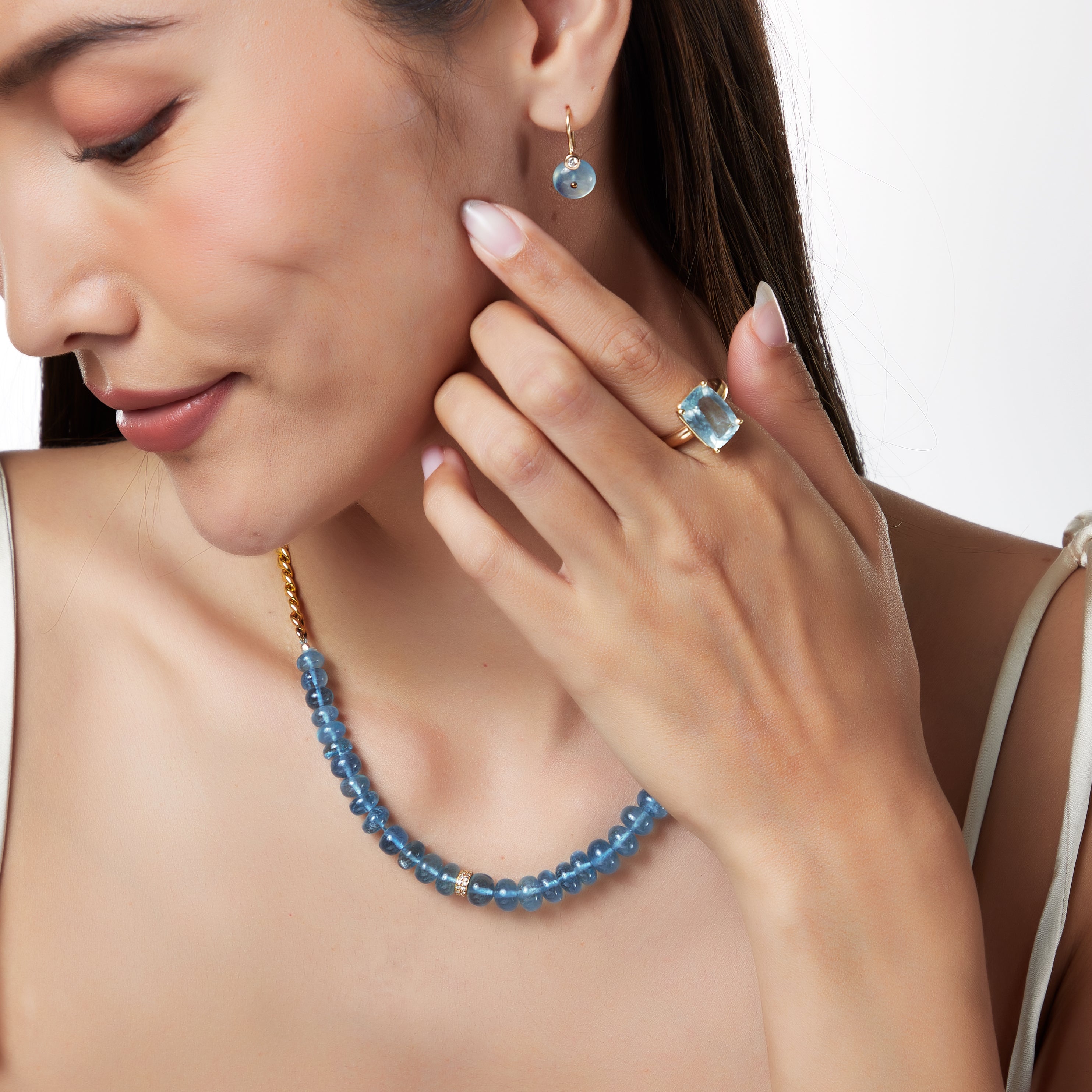 Maddi Aquamarine Diamond Roundel Necklace in 14k