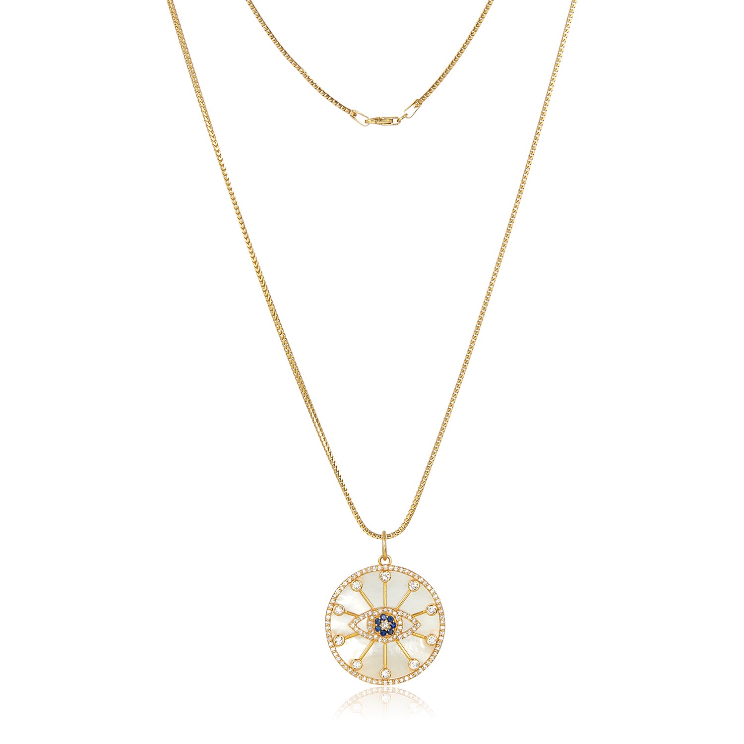 Evil Eye Diamond Mother Of Pearl Charm Necklace in 14k