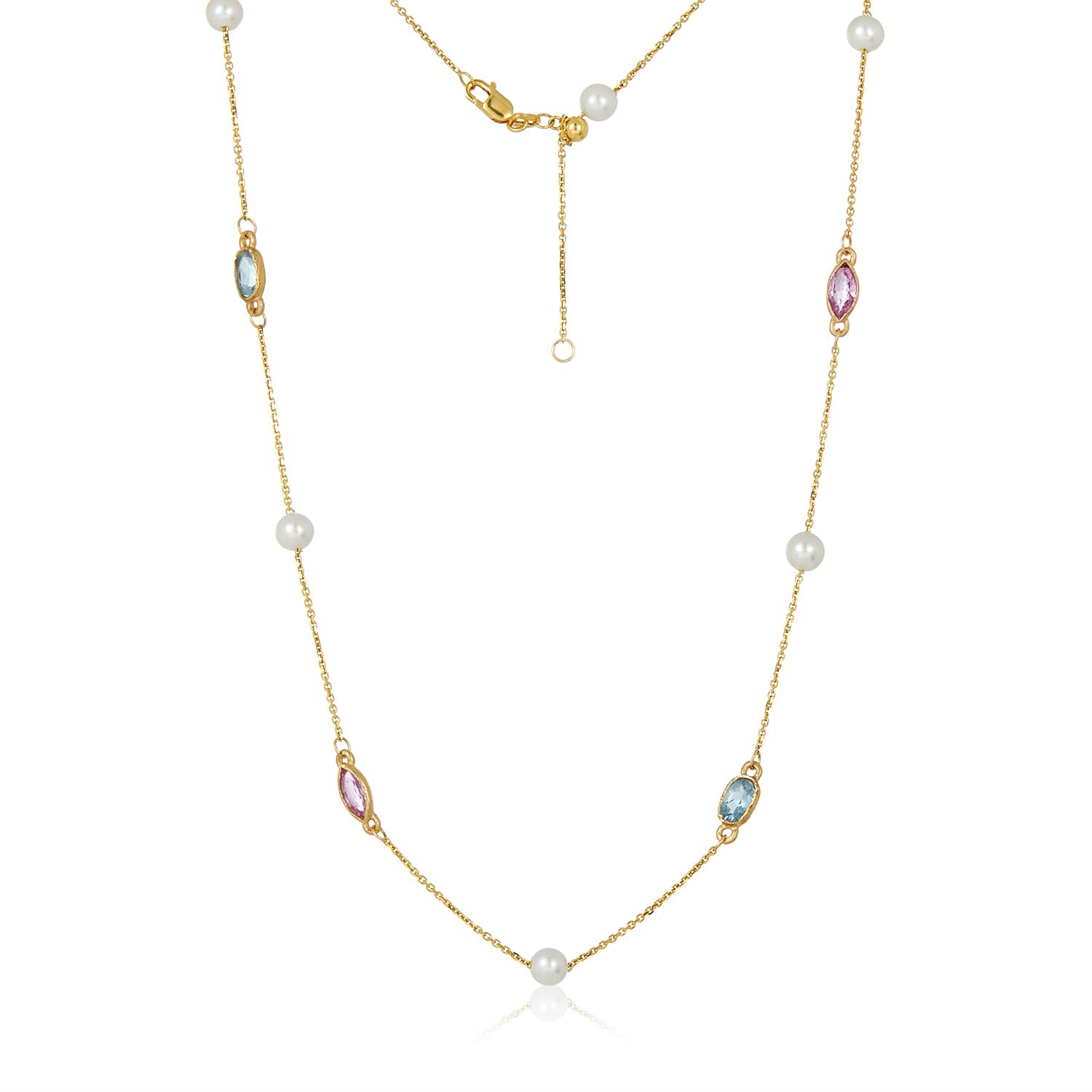 Aquamarine And Pink Sapphire Section Pearl Necklace-14k