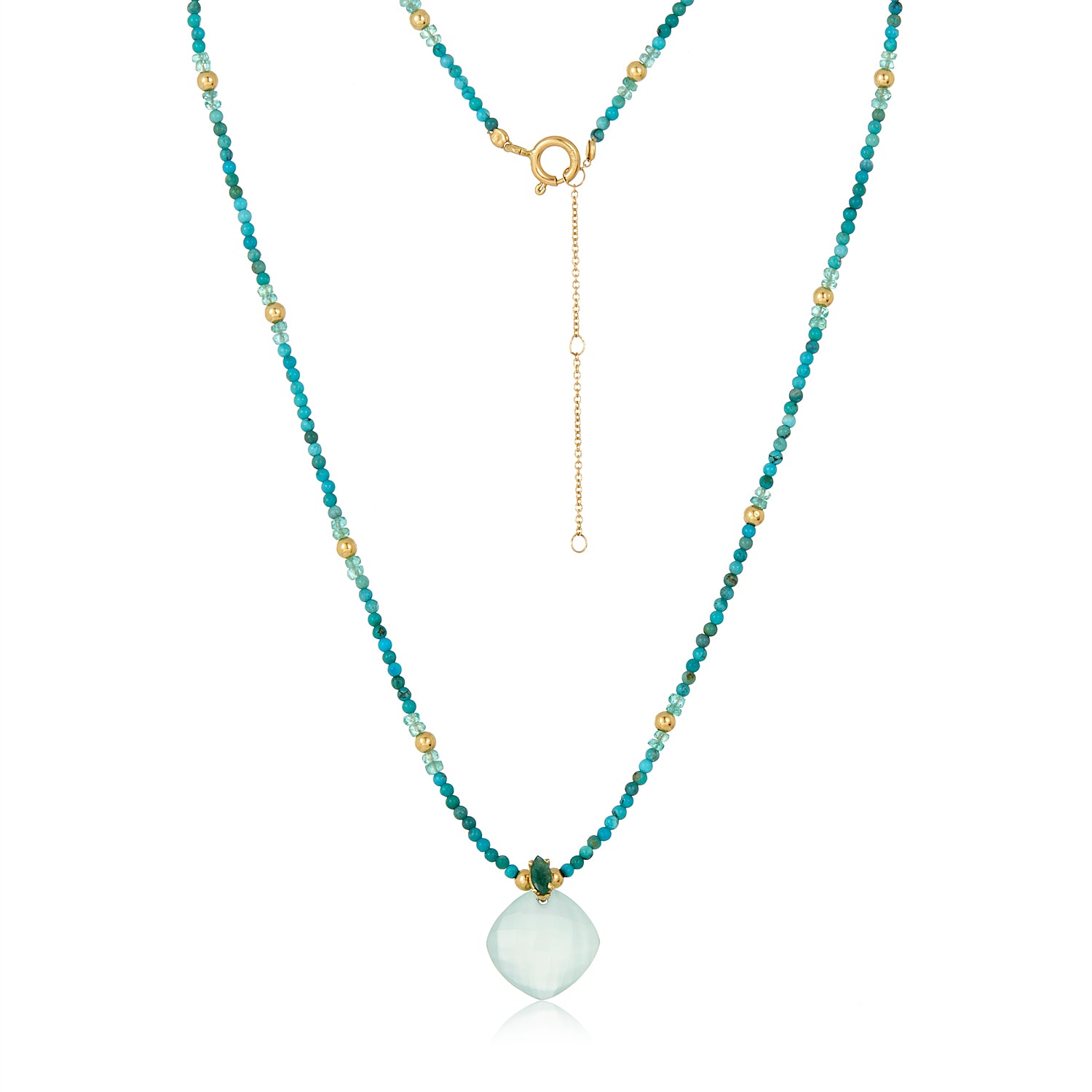 Turquoise Beads Chalcedony Necklace in 14k