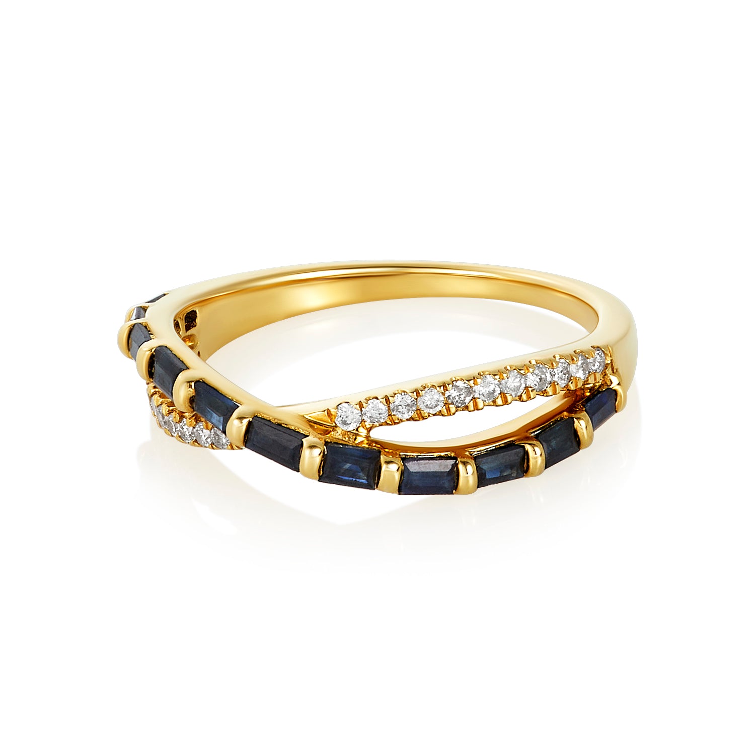 Natural Diamond Crisscross Sapphire Ring in 14k