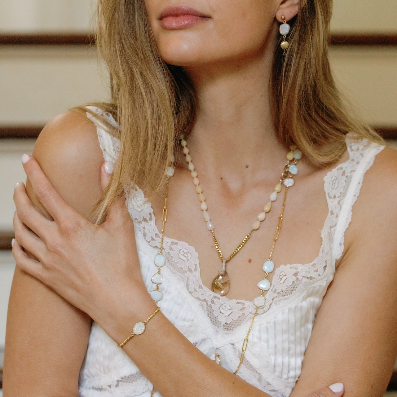 Opal Slab Gold Beads Stretchy Bracelet