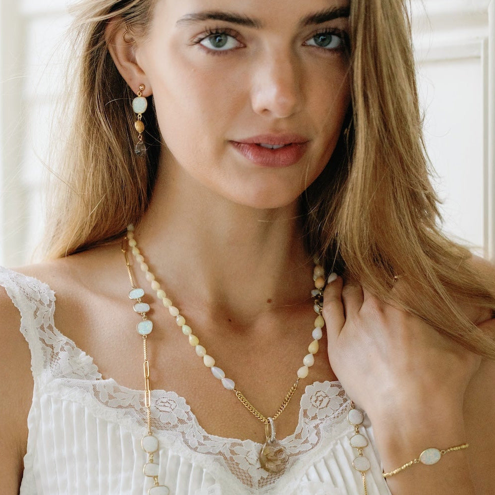 Trio Opal Section Paperclip Long Necklace