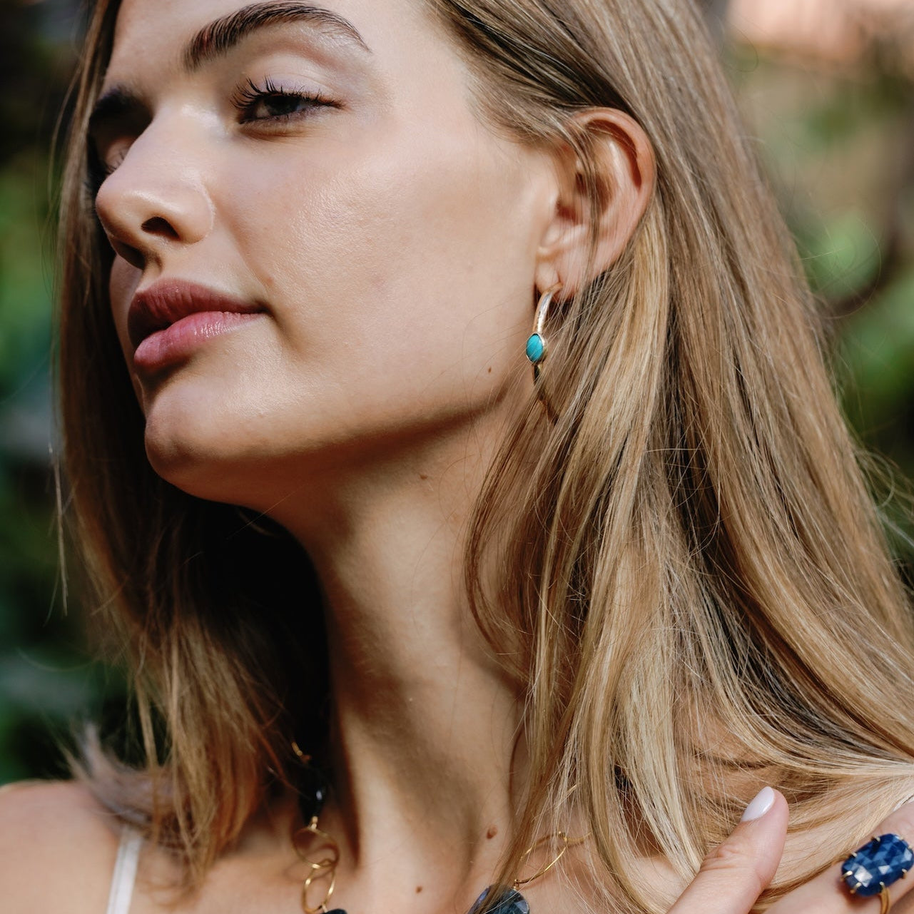 Turquoise Center Gem Hoop Earrings