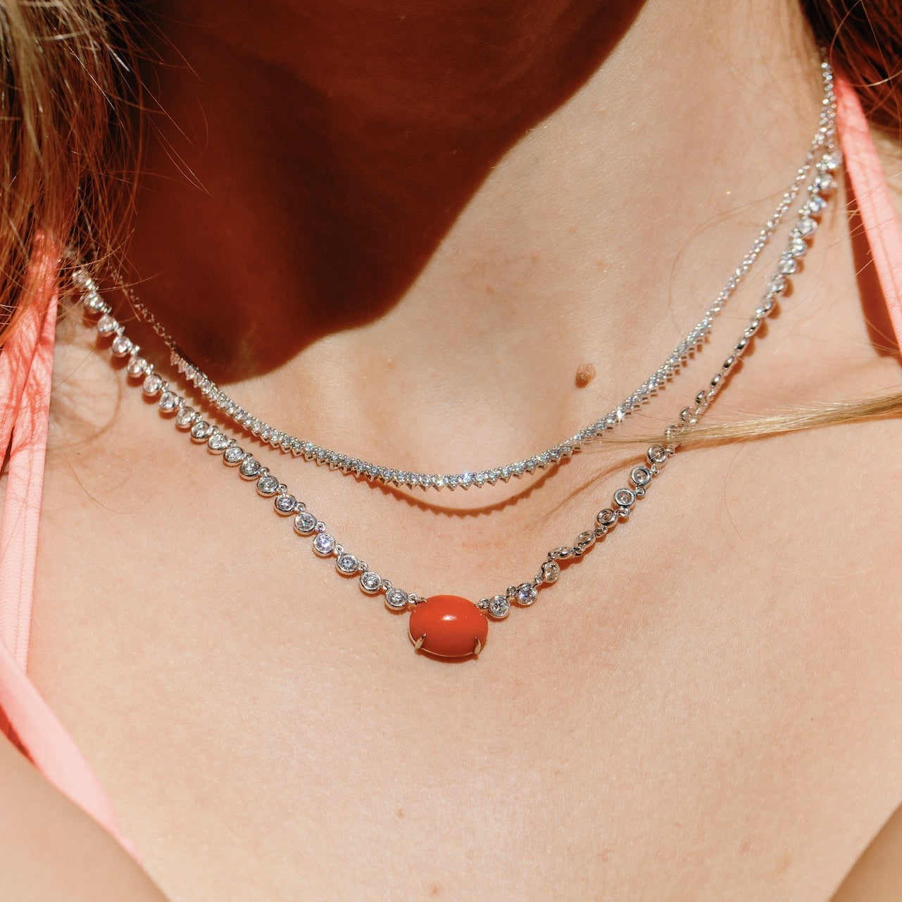 Coral Pendant Half Diamond Bezel Necklace 18K White Gold