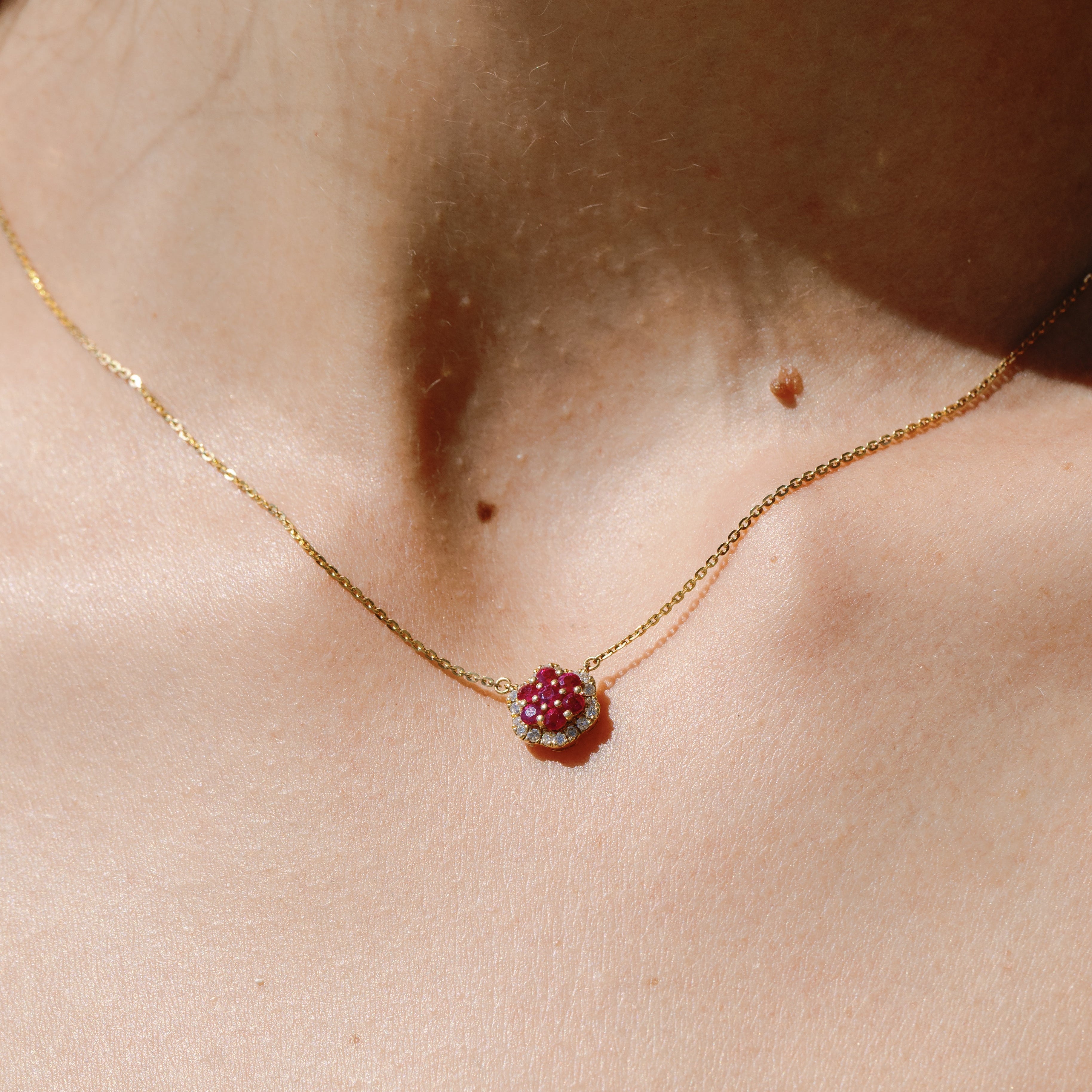 Diamond Ruby Flower Pendant Necklace In 18K