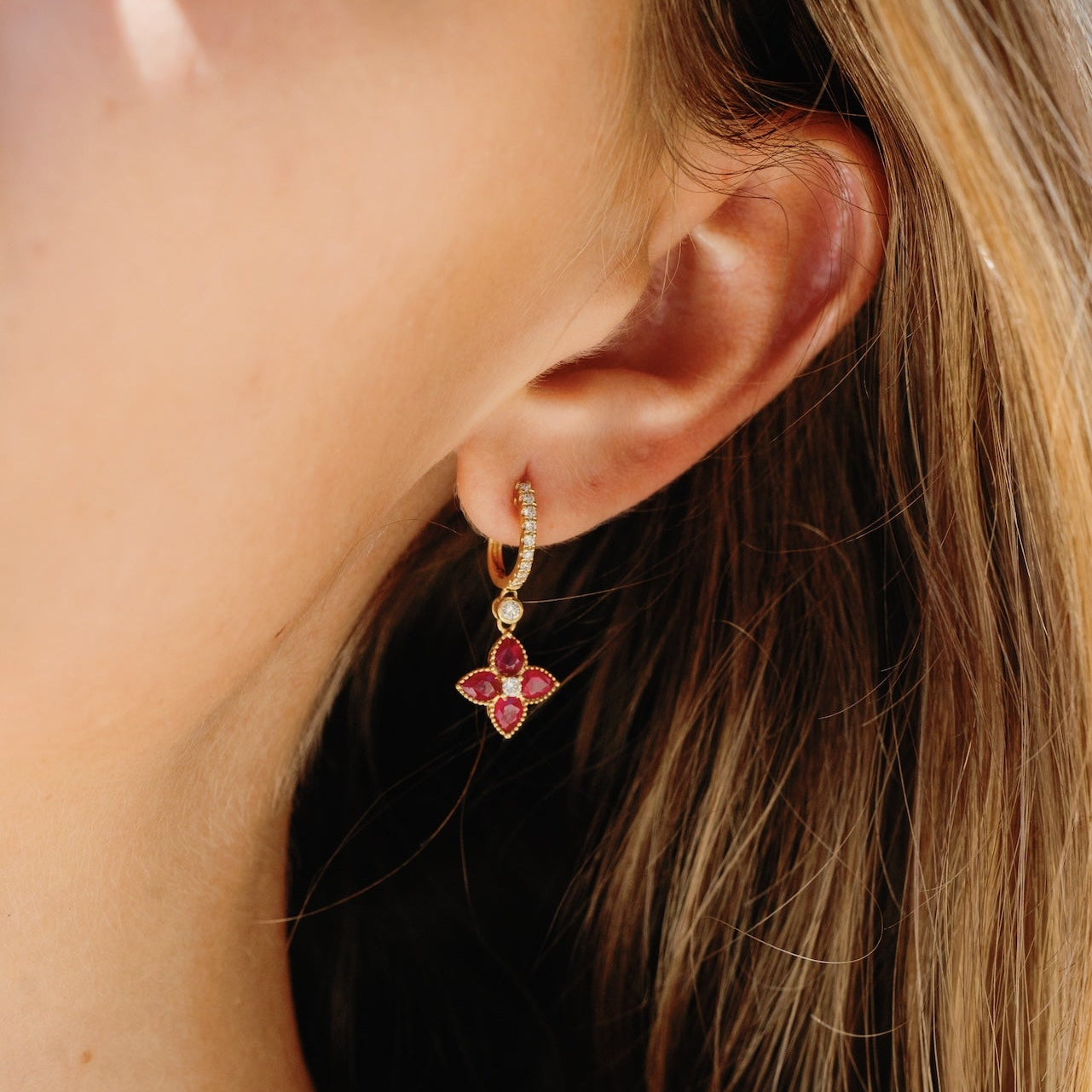 Diamond Huggies Ruby Diamond Flower Drop In 18k
