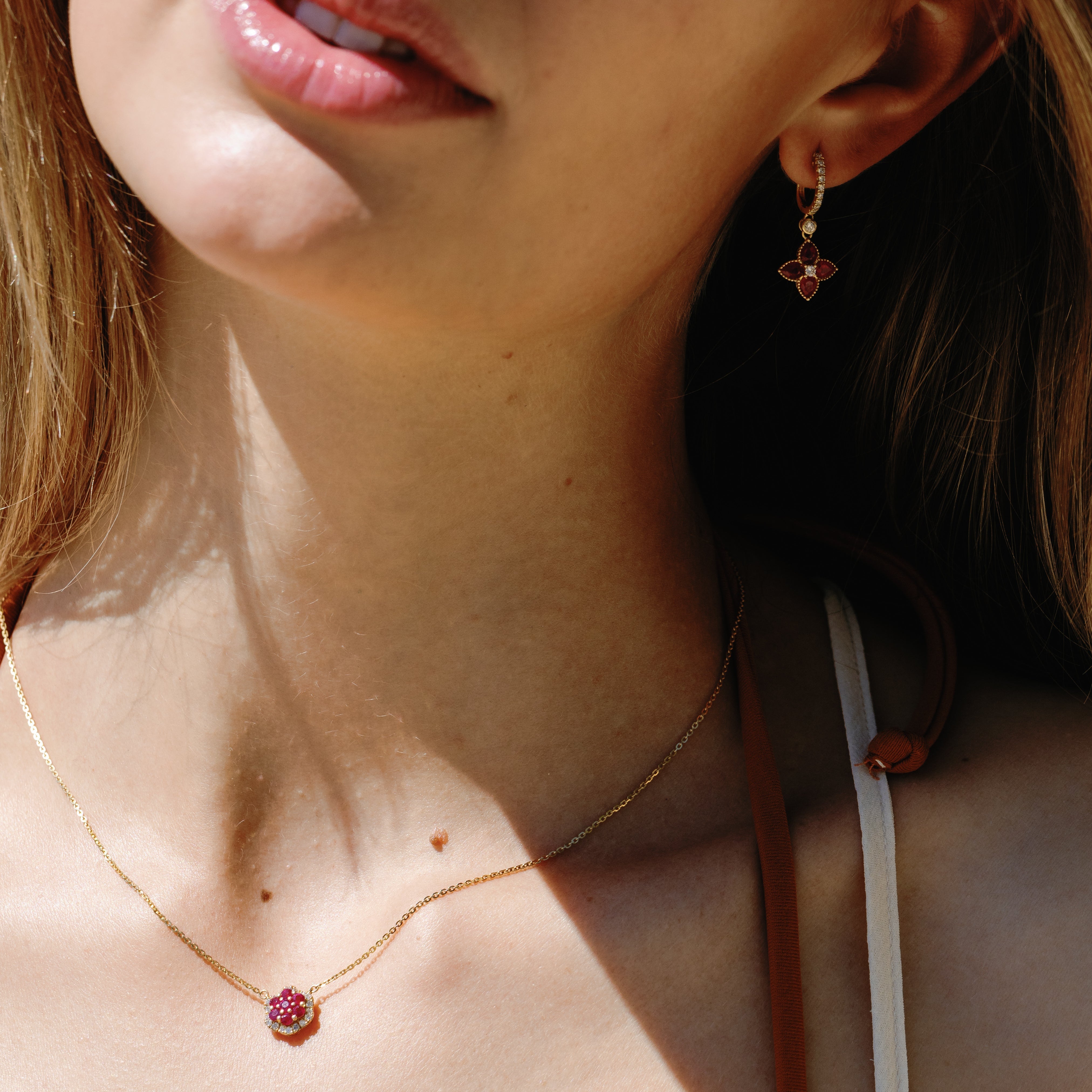 Diamond Ruby Flower Pendant Necklace In 18K