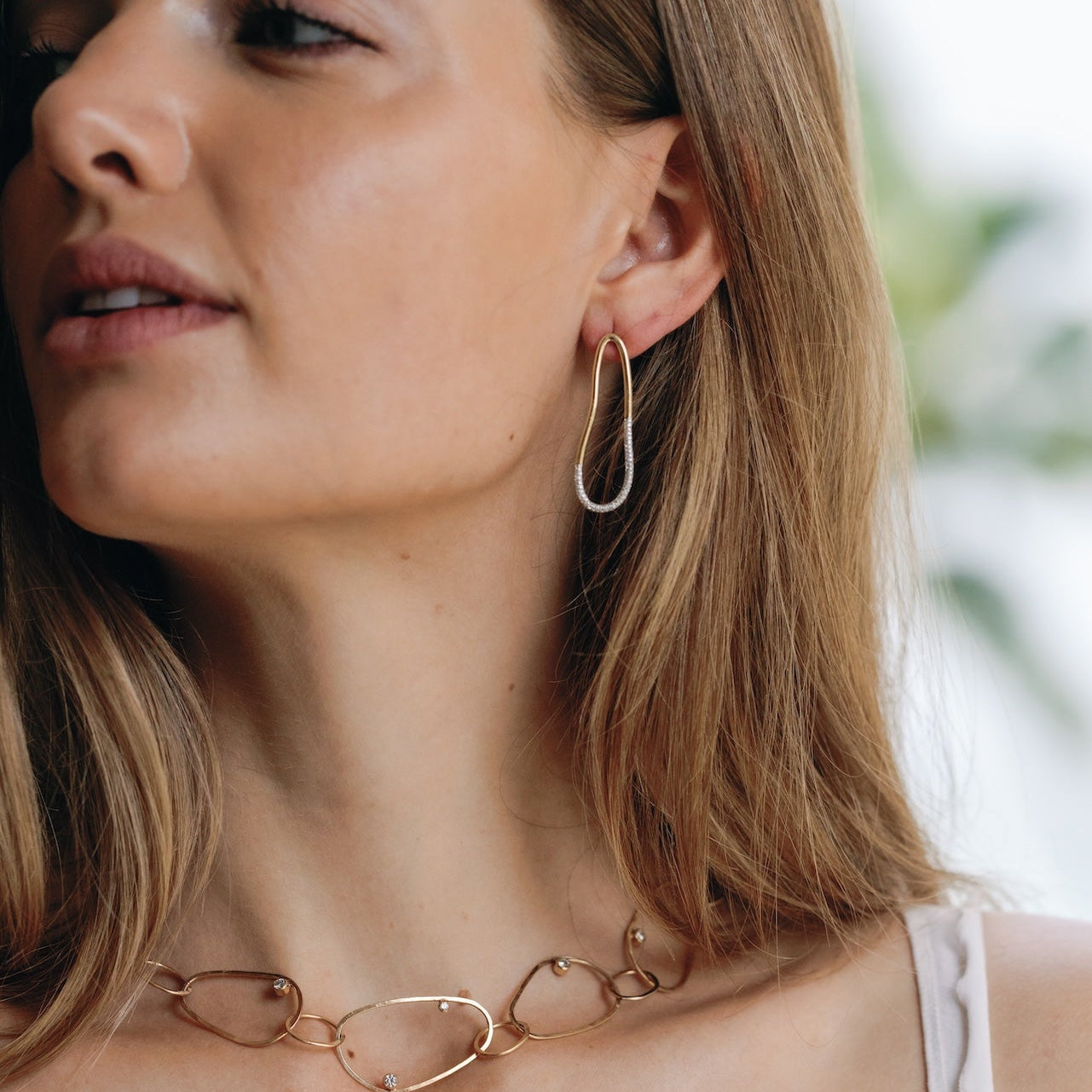 Elongate Diamond Hoops Studs -14k gold