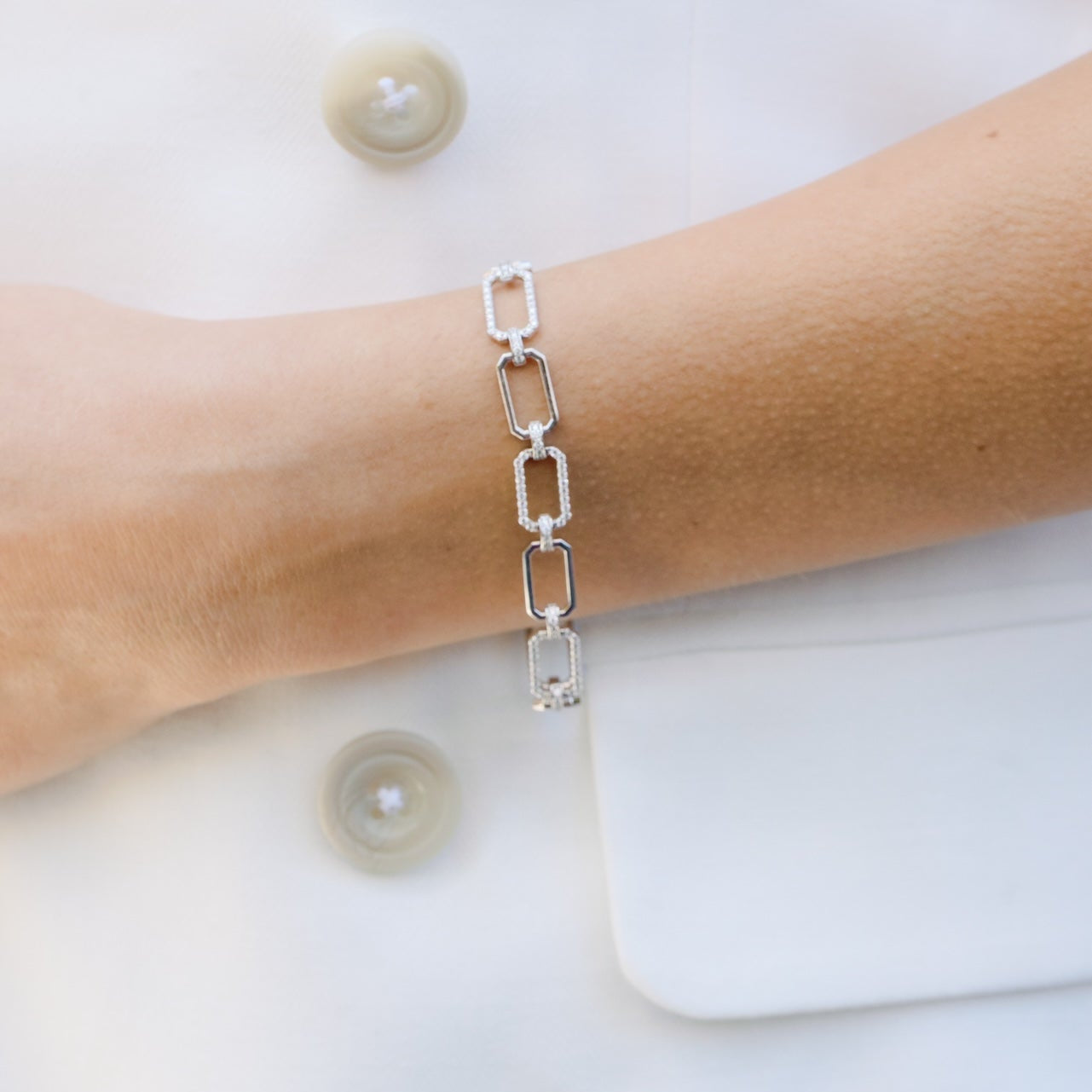 Lab-grown Diamond Rectangle Link Bracelet In 14k White Gold