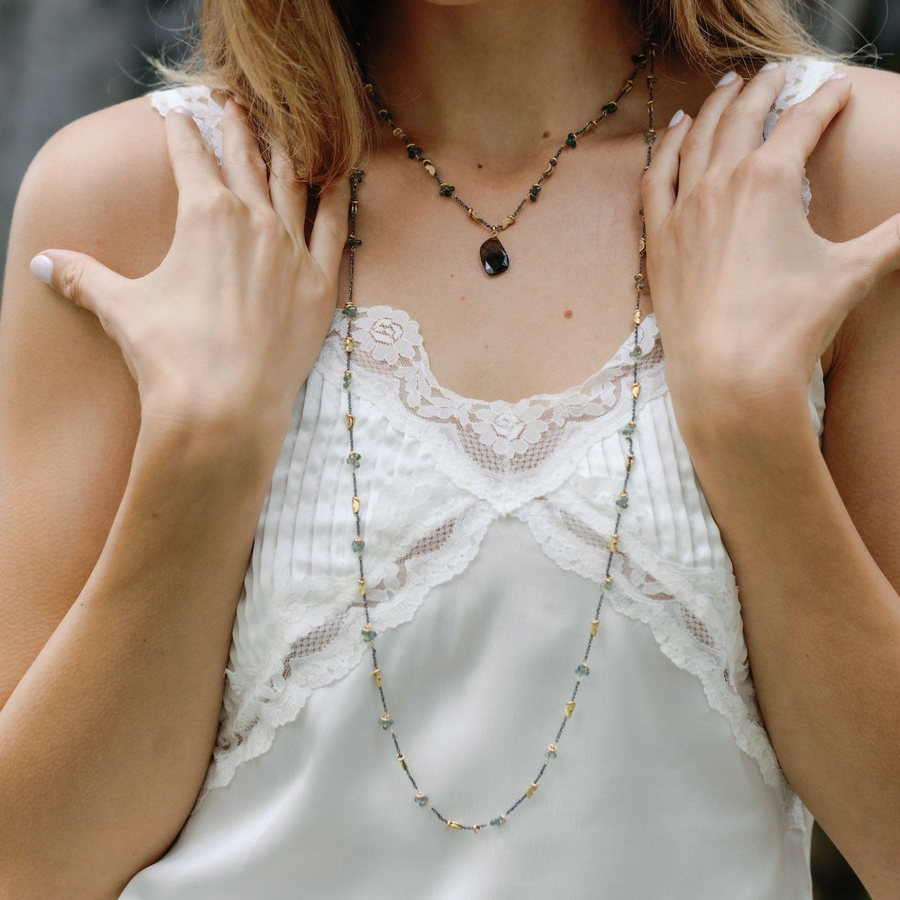 Half Moon Petal Sapphire Silver Long Necklace - Blue