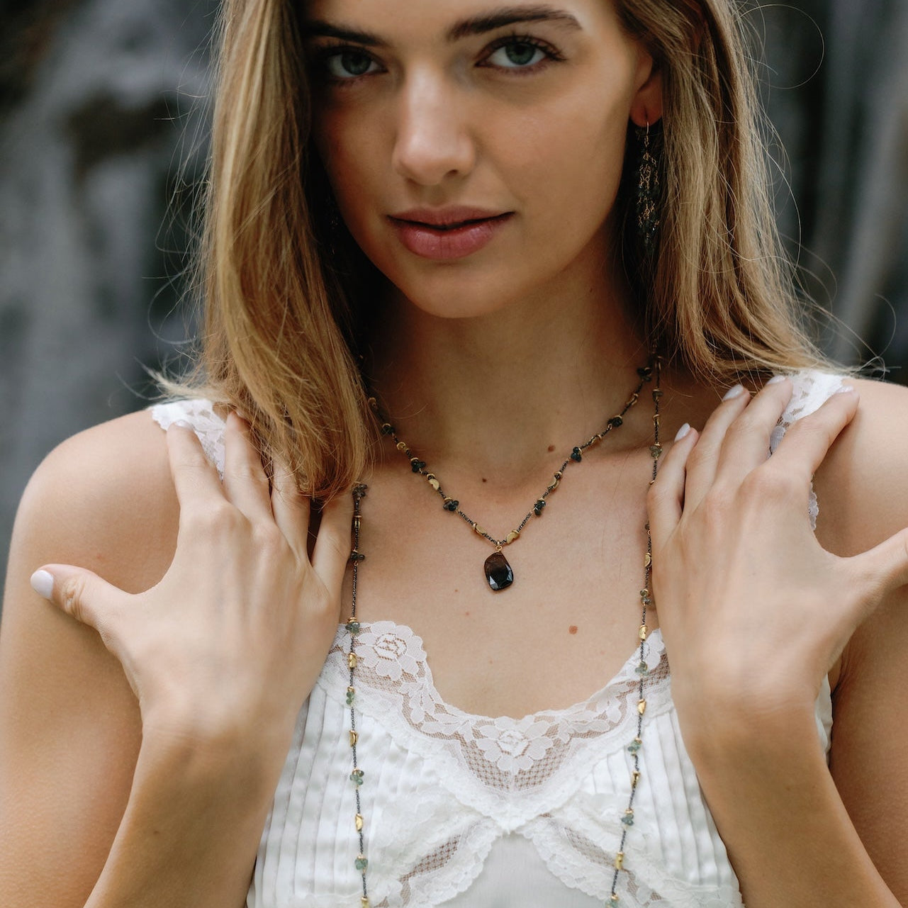 Half Moon Petal Gem Drop Silver Necklace II