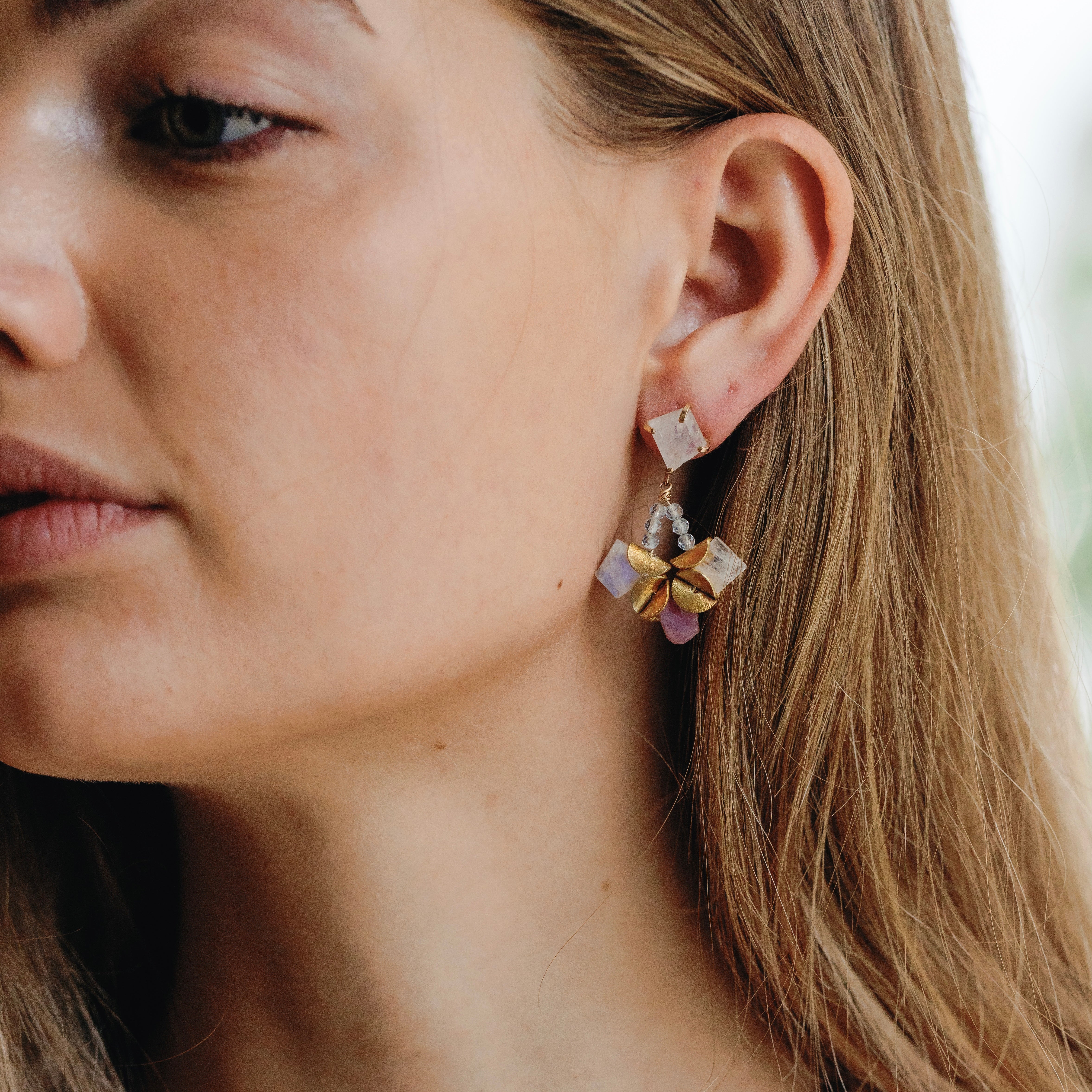 Pinkalicious Slice Sapphires Moonstone Floral Studs Earrings