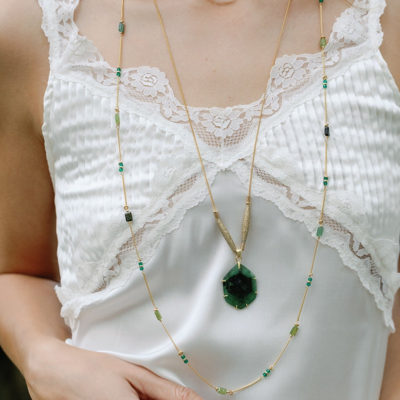Hexagon Emerald Pendant Necklace In 14K