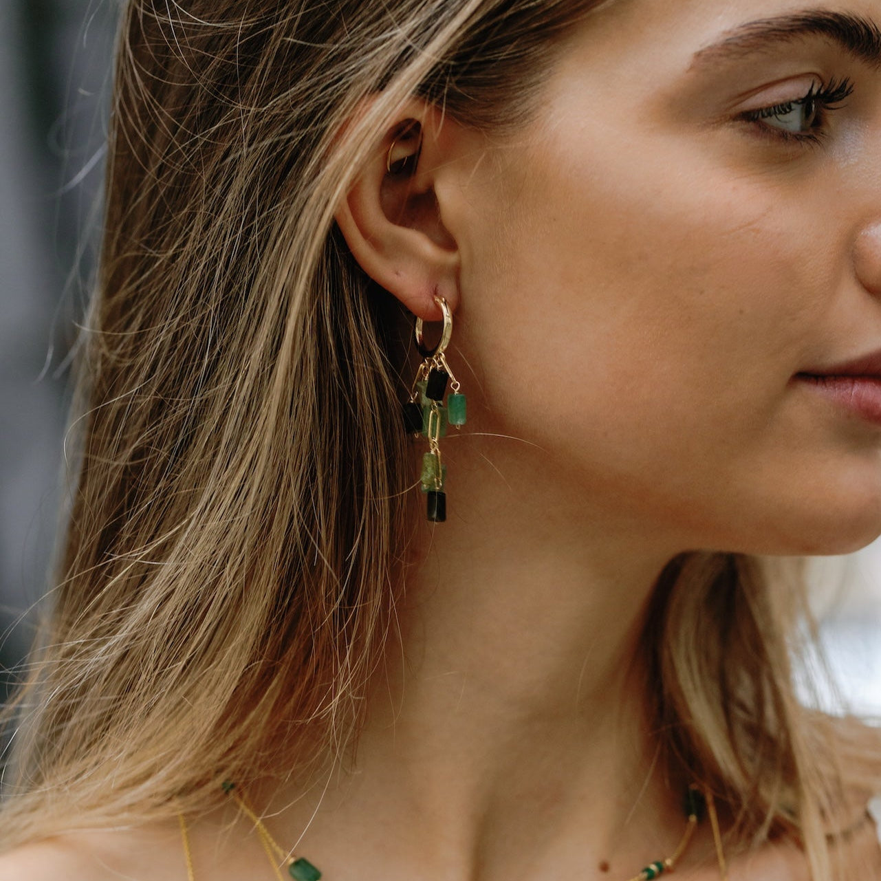 Paula Dangle Hoops Earrings - Green