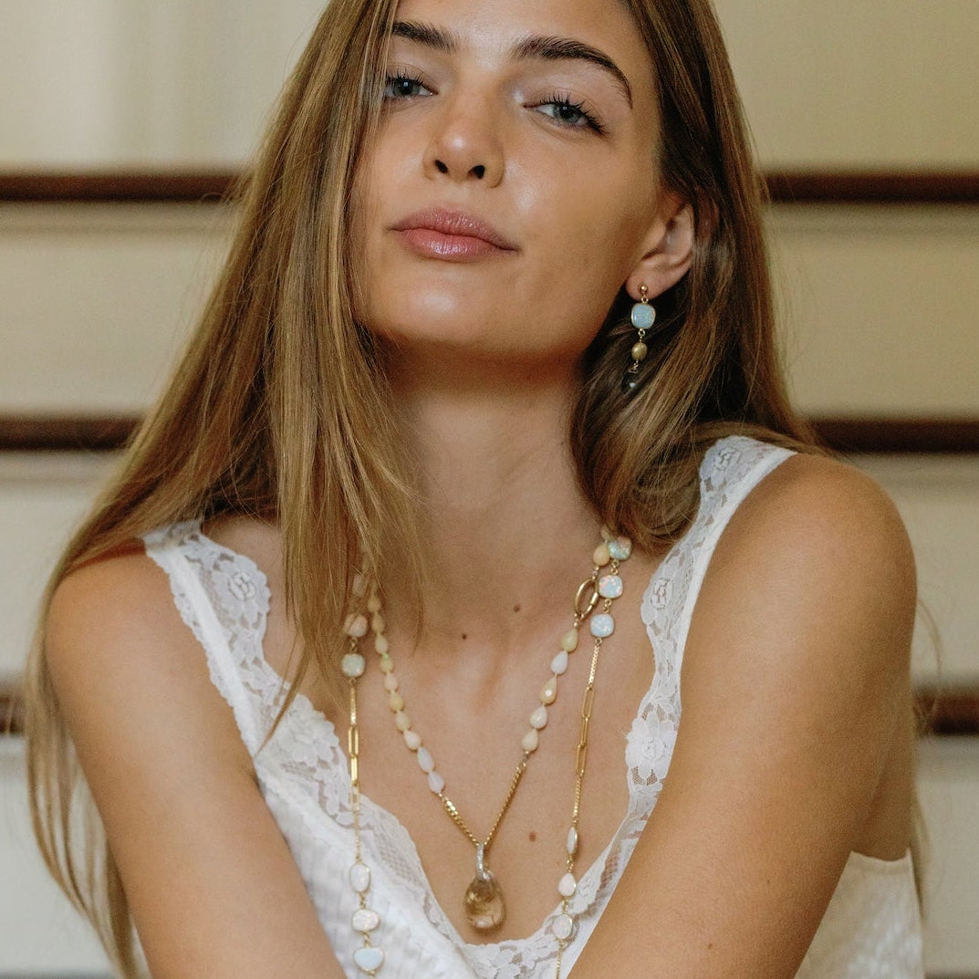 Rutilated Pendant With Opal Teardrop Necklace In 14K