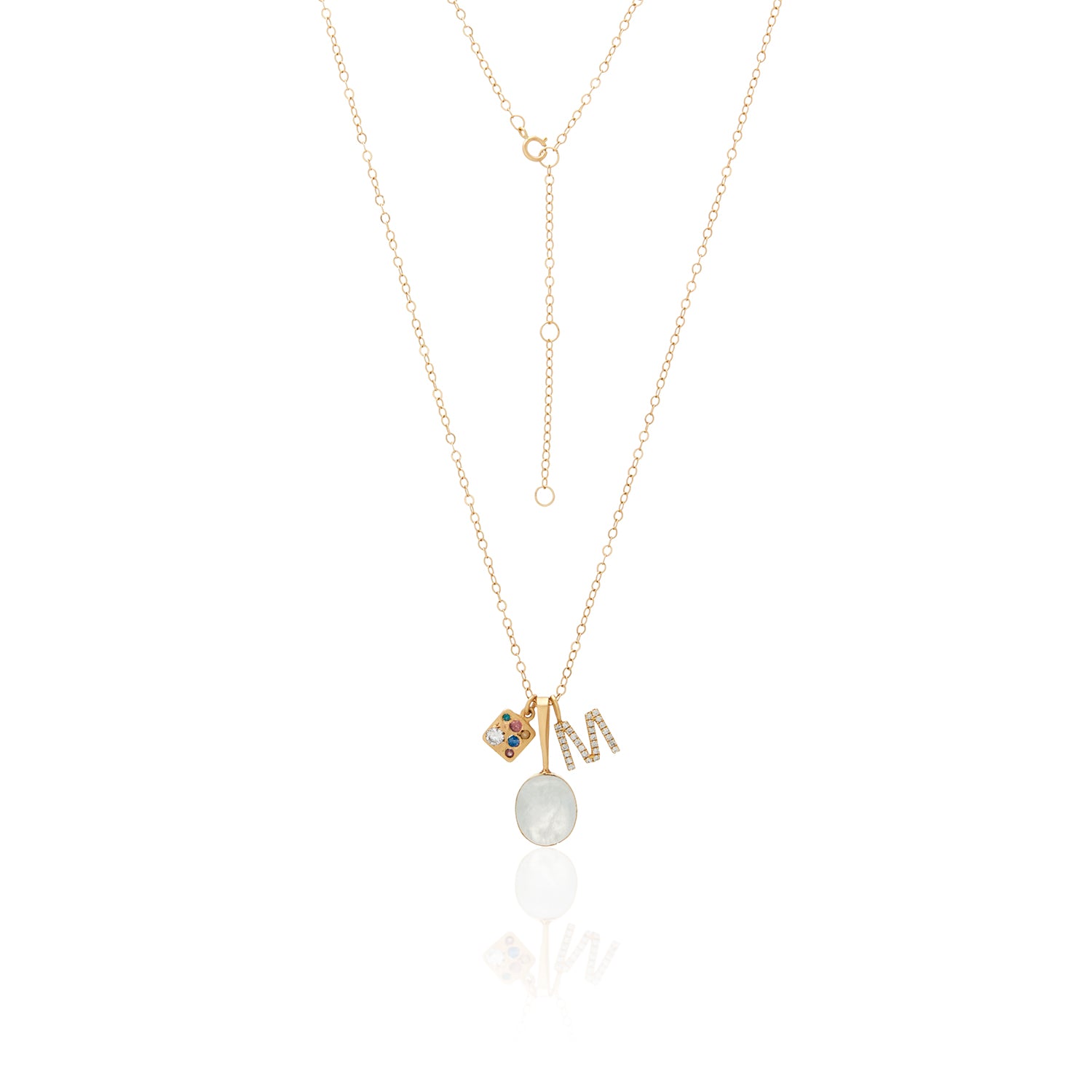 Trio Initial Moonstone Charms Necklace In 14K