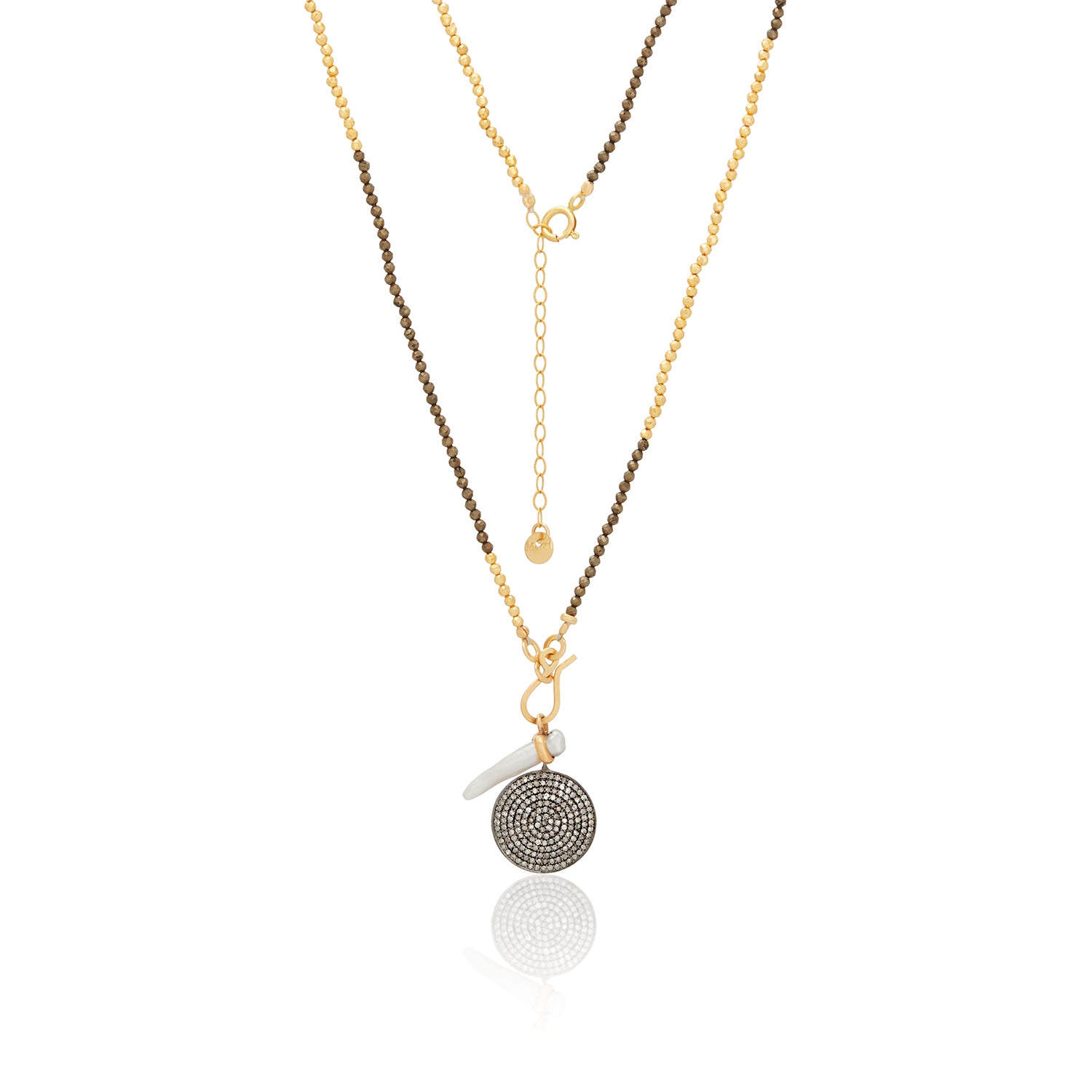 Golden Mixed Pyrite Necklace With Pearl and Pave Diamond Pendant
