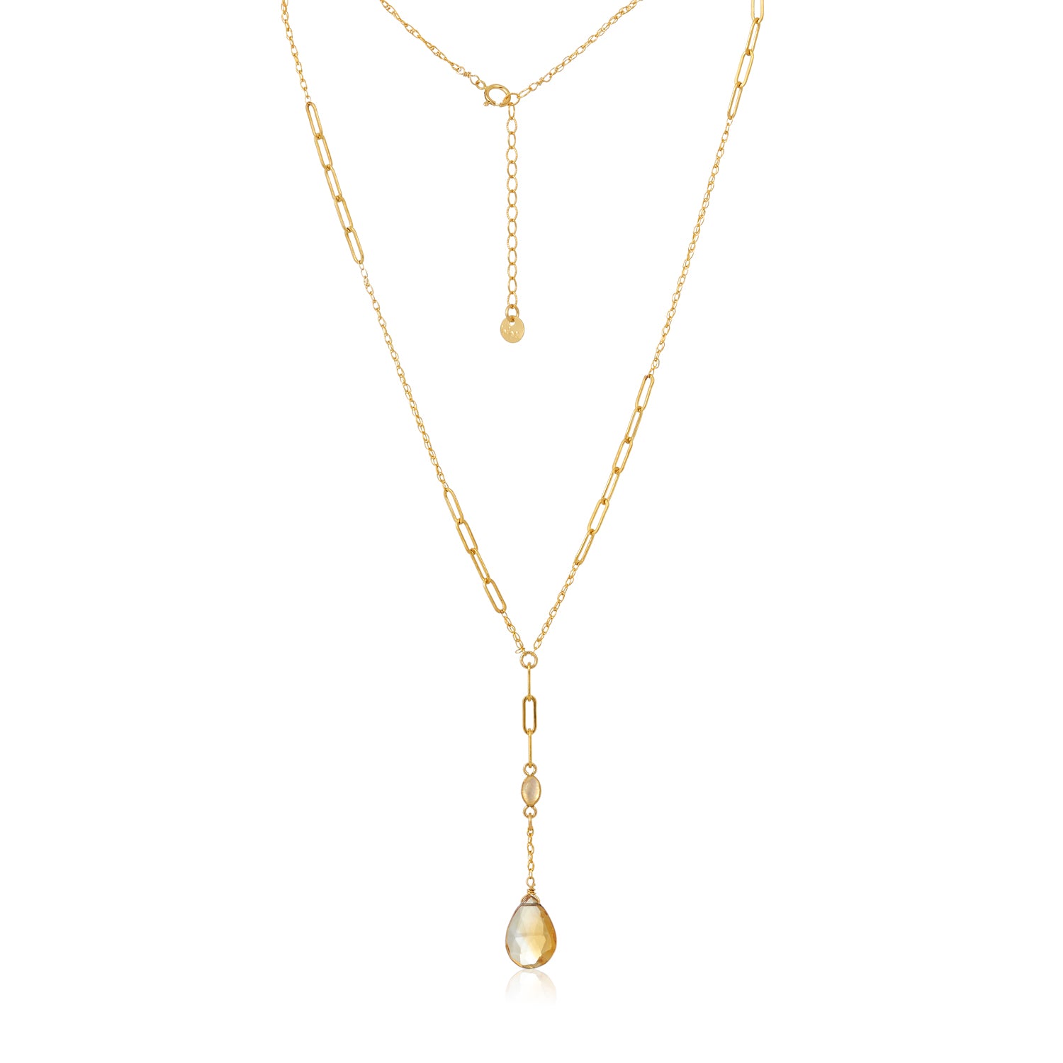 Citrine Drop Paperclip Lariat Necklace