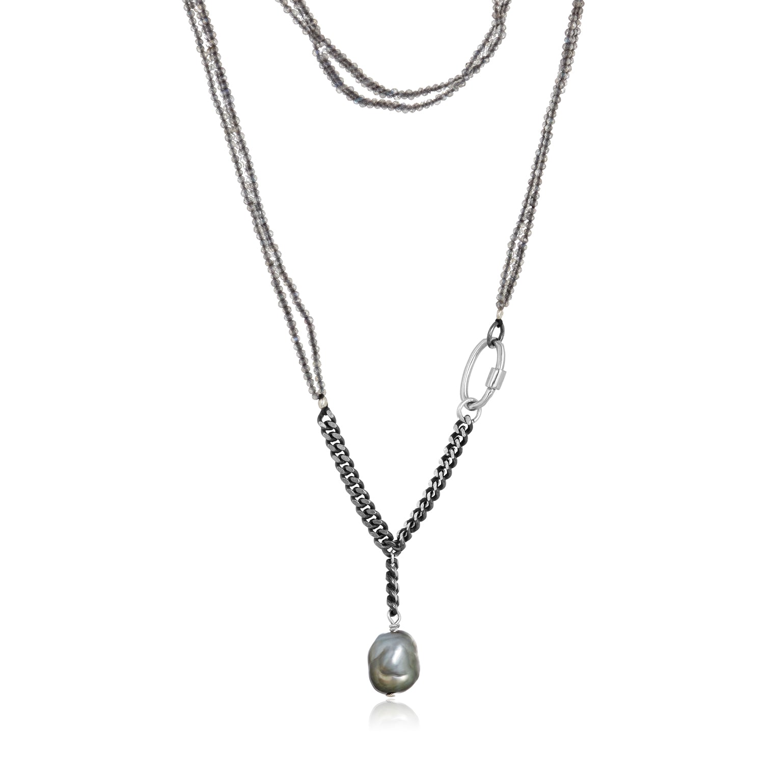 Labradorite Curb Chain Pearl Drop Necklace