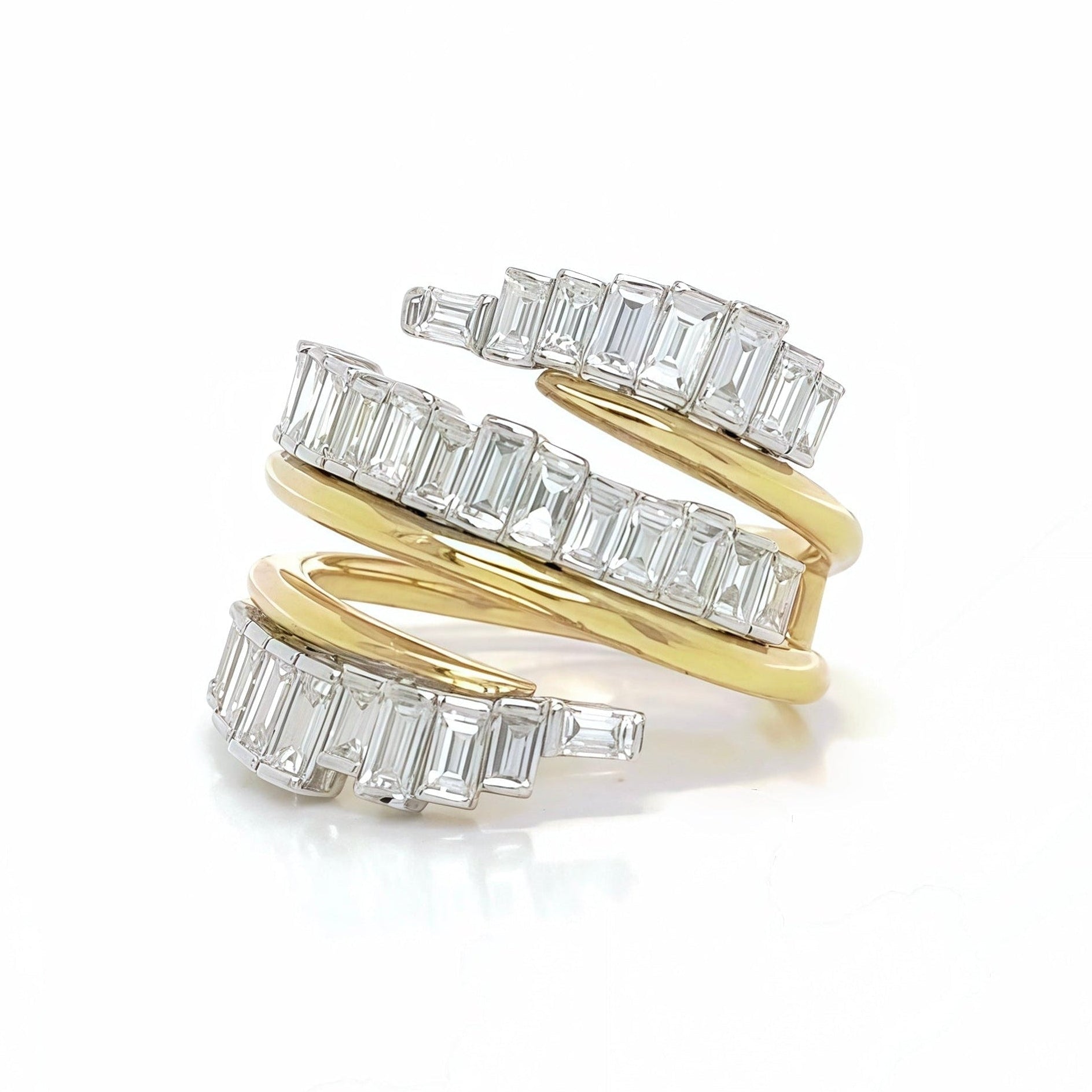 Serpentine Baguette-Cut Natural Diamond Spiral Ring 18k