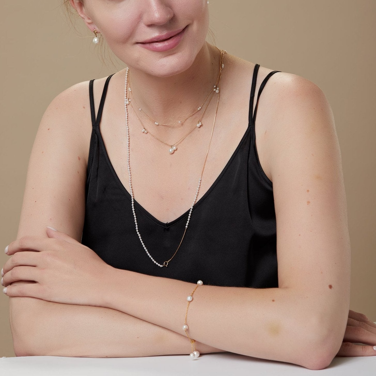 Trio Pearls Station Necklace In 14K