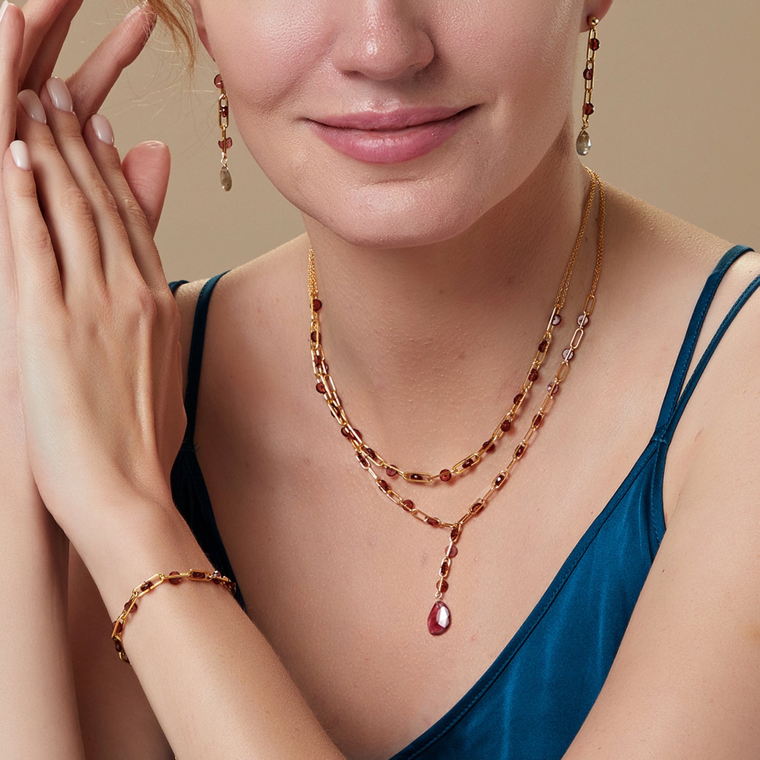 Garnet Wired Slice Pink Tourmaline Drop Lariat Necklace