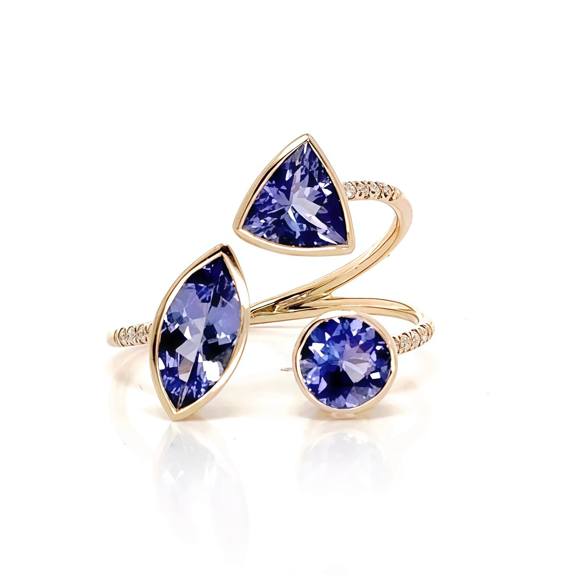 Three Tanzanite Geometric Diamond Open End Ring 14k