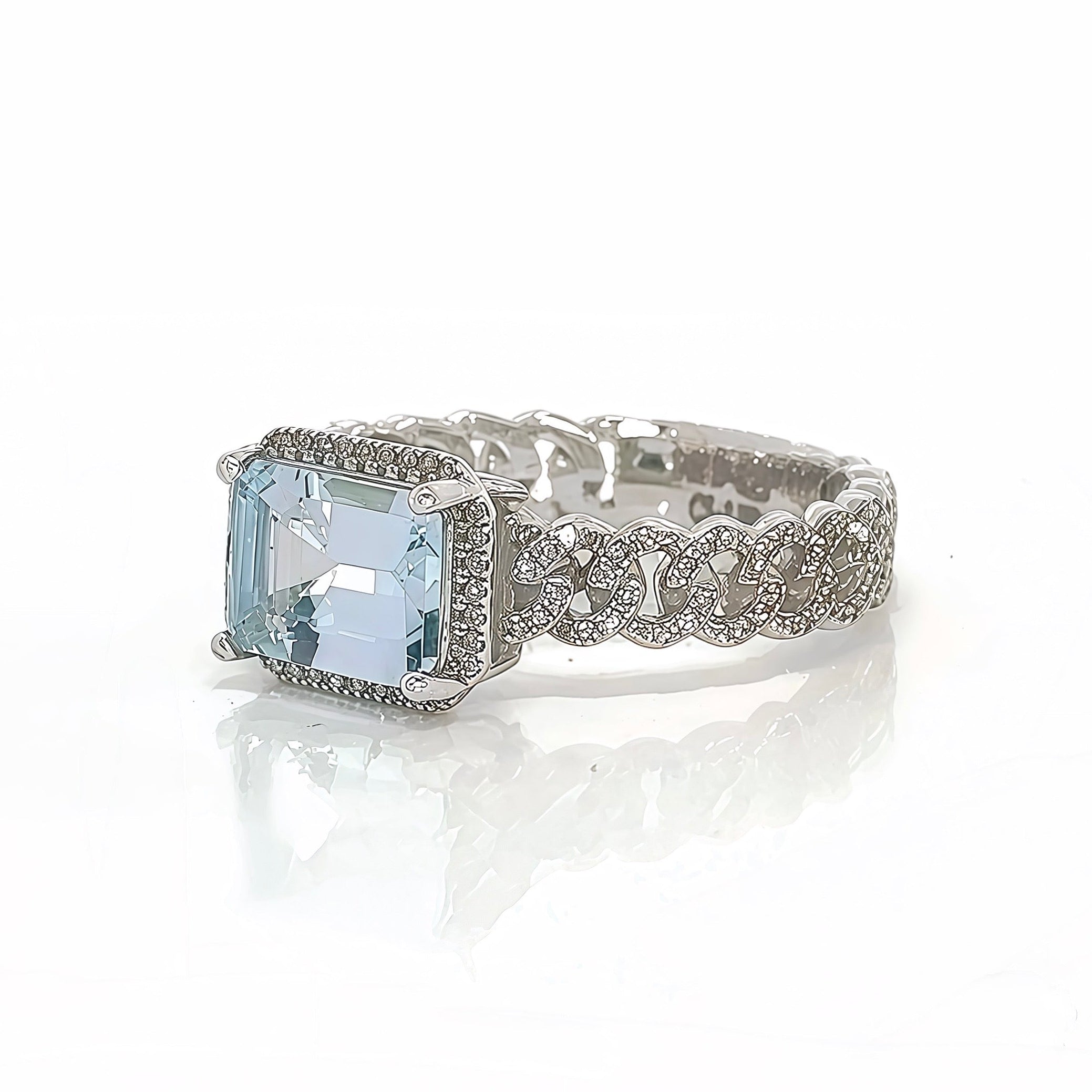 Aquamarine Diamond Cuban Band In 14k White Gold