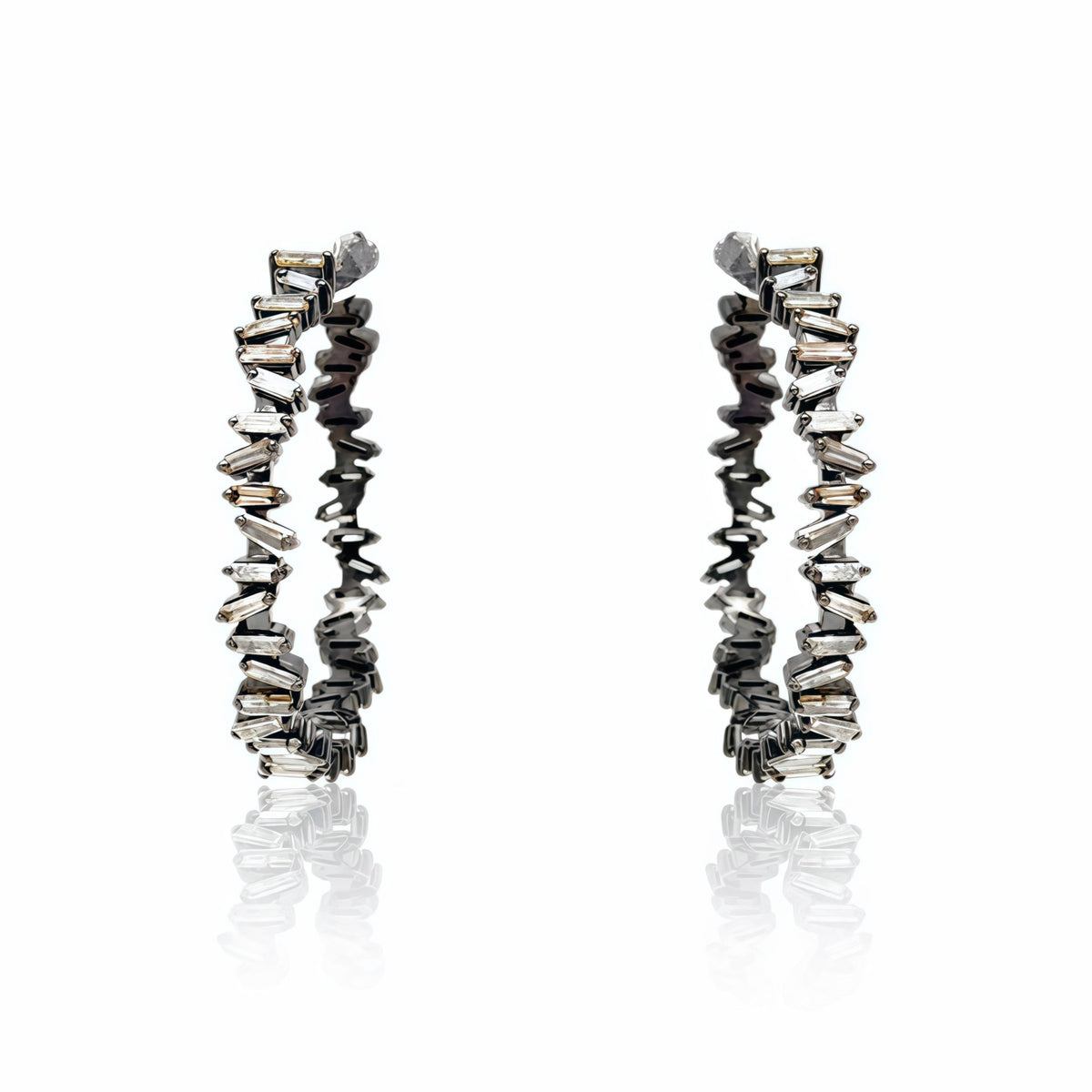 Baguette Diamond Cluster Silver Hoop Earrings
