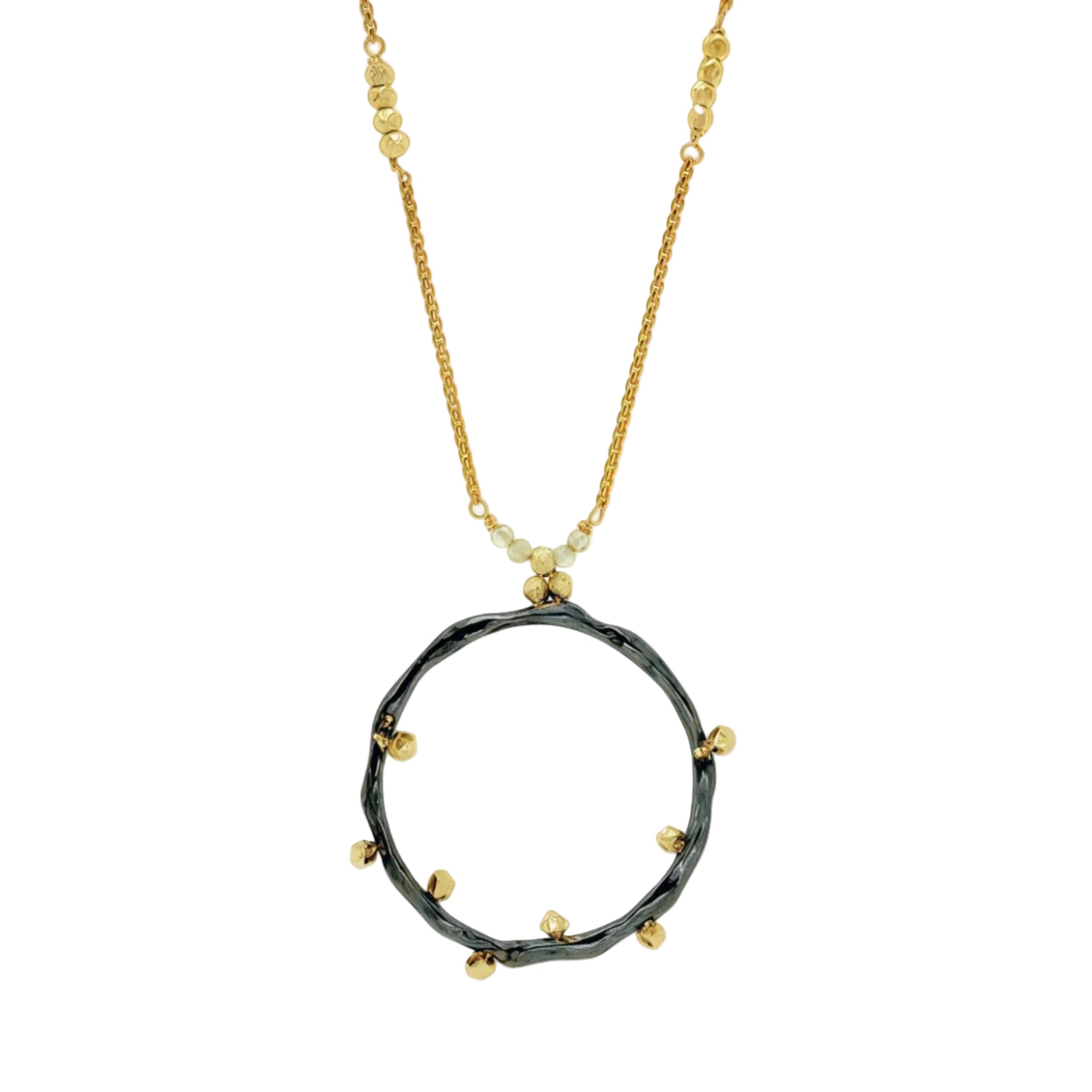 Bamboo Golden Pyrite Peridot Pendant Mix Metal Necklace