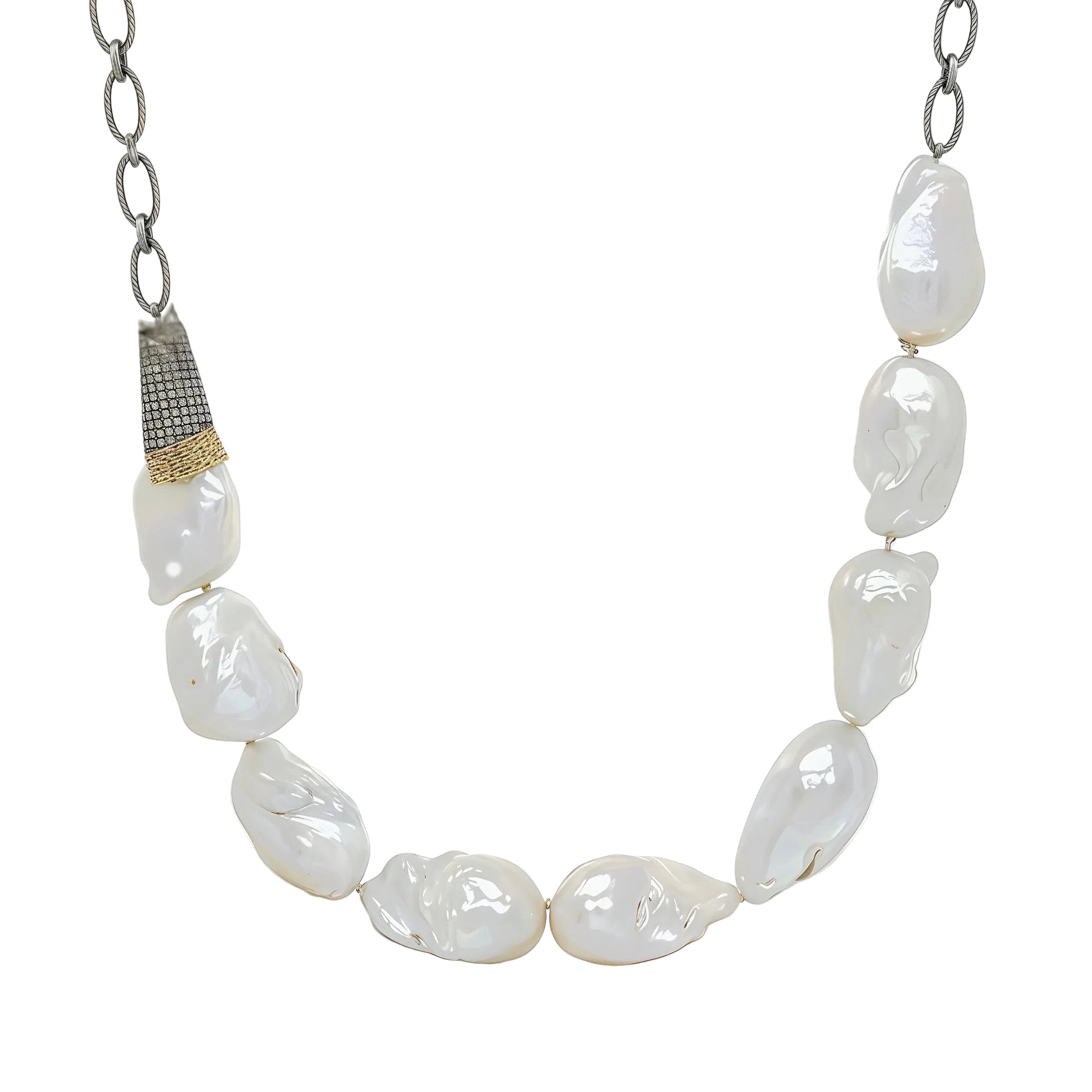 Baroque Pearls Pave Diamond Silver Chain Necklace