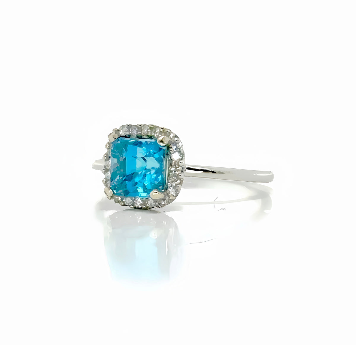 Blue Zircon Diamond Ring In 14K White Gold