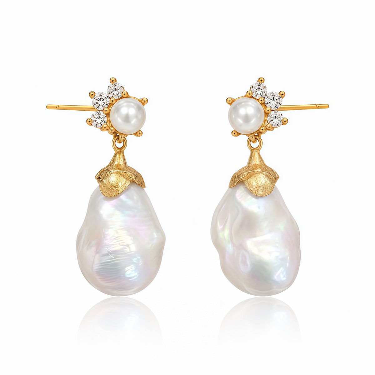 Baroque Diamond Cluster Pearl Drop Gold-Plated Earrings