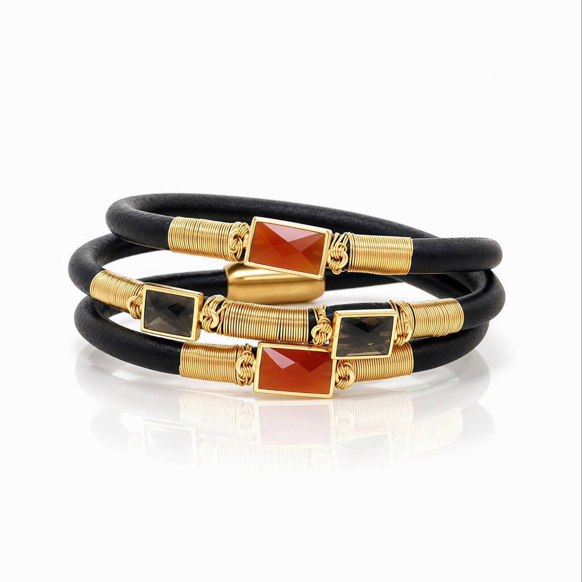 Carnelian Smokey Quartz Triple Leather Bracelet - Gold