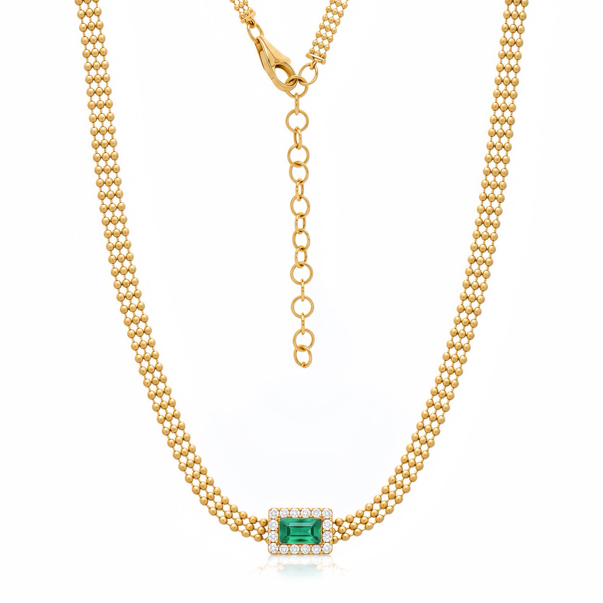 Emerald Diamond Beaded Flat Chain Choker Necklace 14K