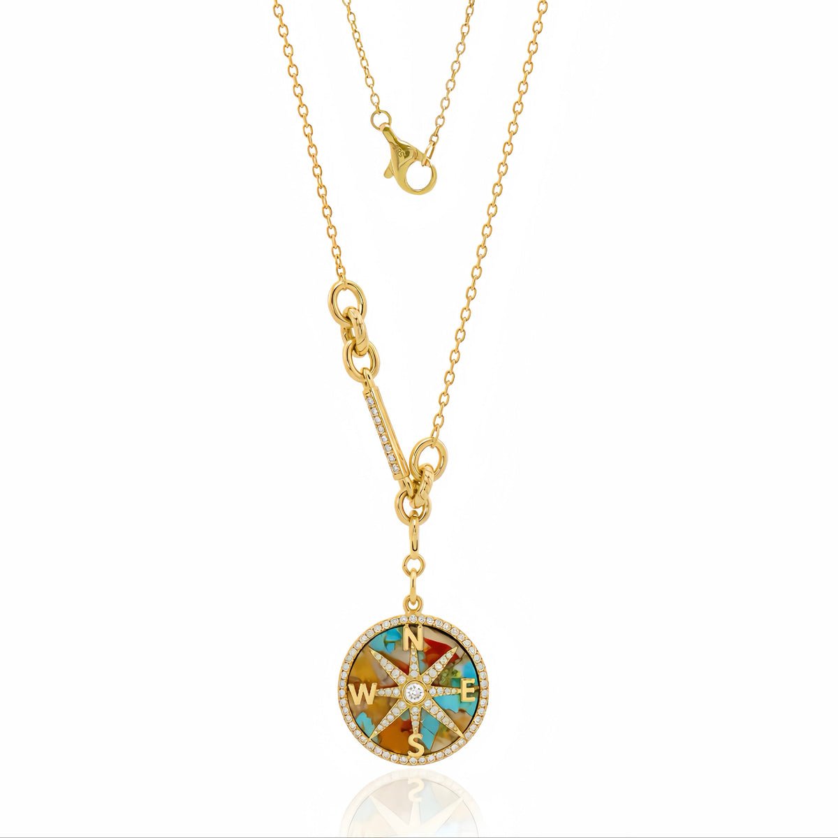 Oyster Turquoise Compass Diamond Chain Necklace 14K