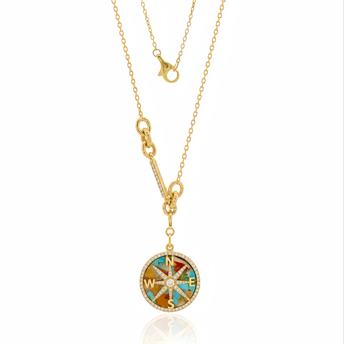 Oyster Turquoise Compass Diamond Chain Necklace 14K