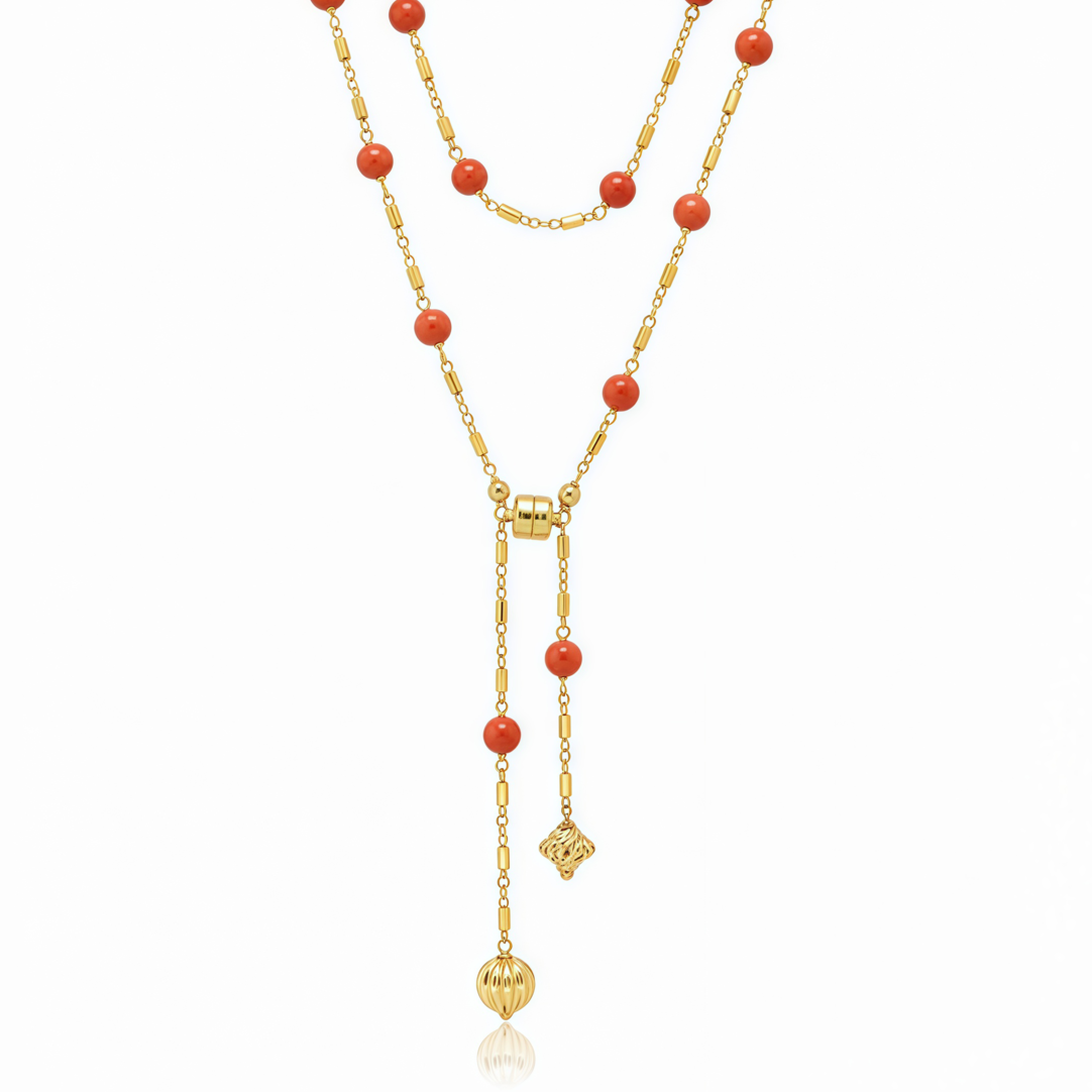 Coral Ball Lariat Necklace With Magnetic Clasp