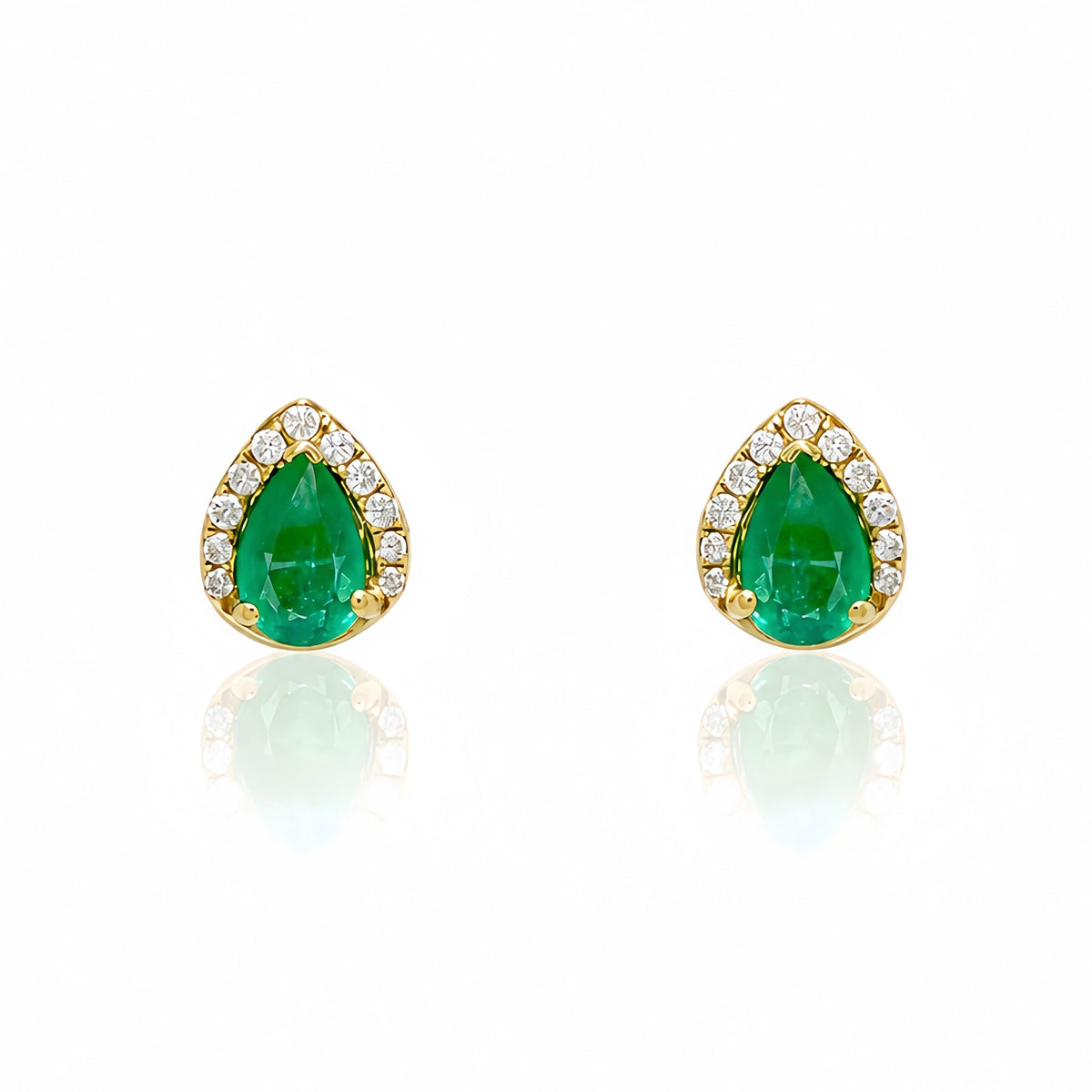Teardrop Natural Emerald Diamond Halo Studs Earrings In 18k