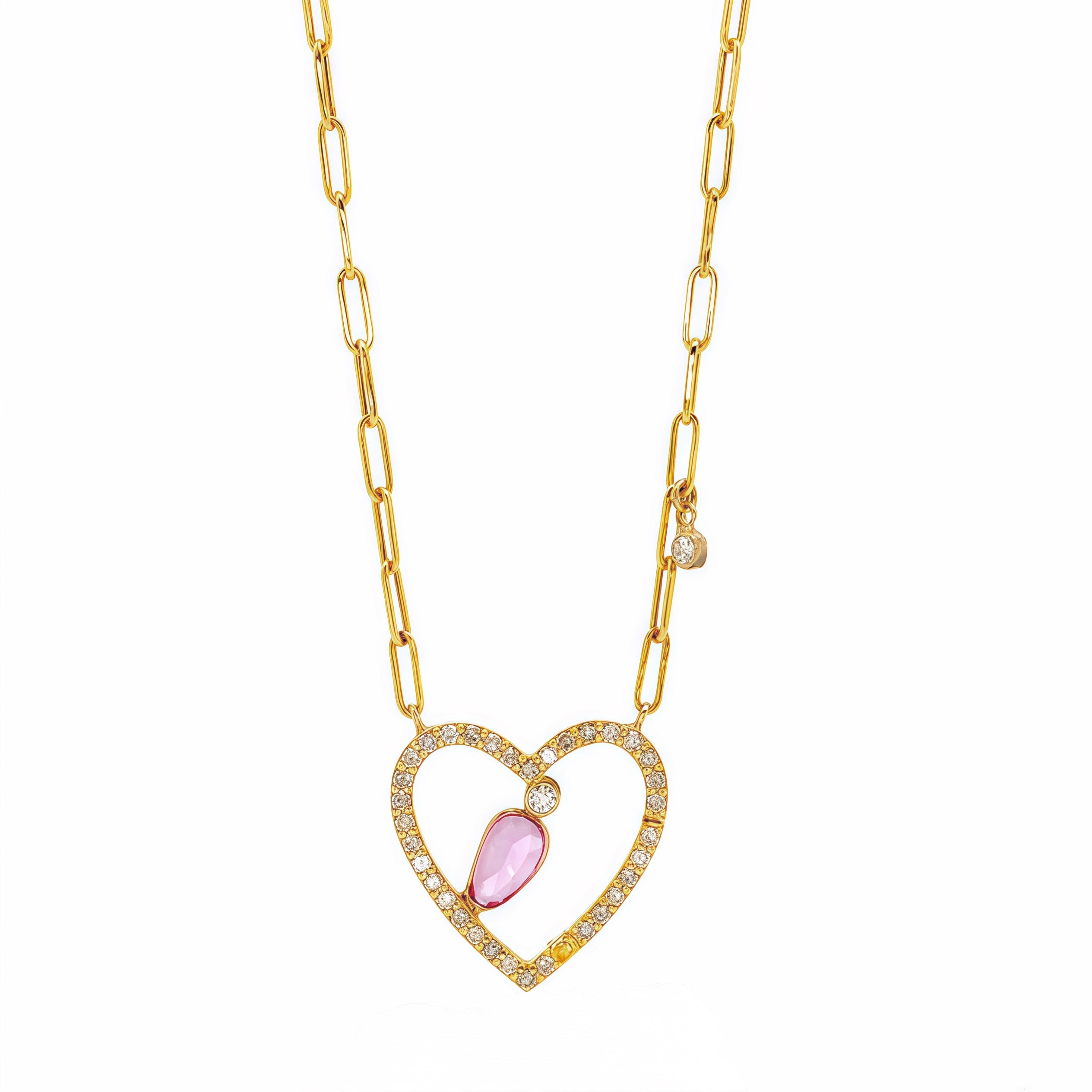 Diamond Heart Pink Sapphire Pendant Paperclip Necklace 14k