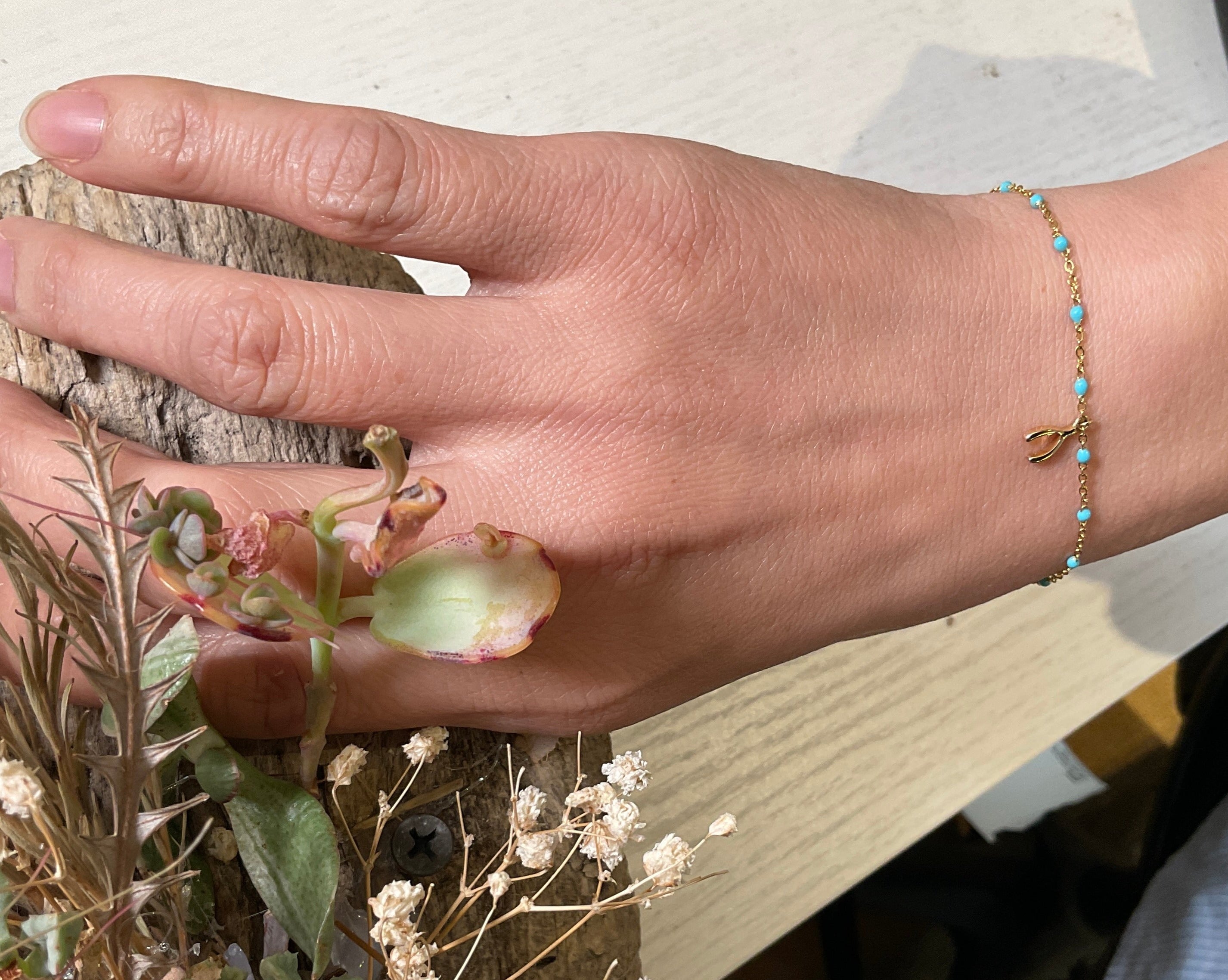 Turquoise Bracelet With Wishbone Charm in 14k