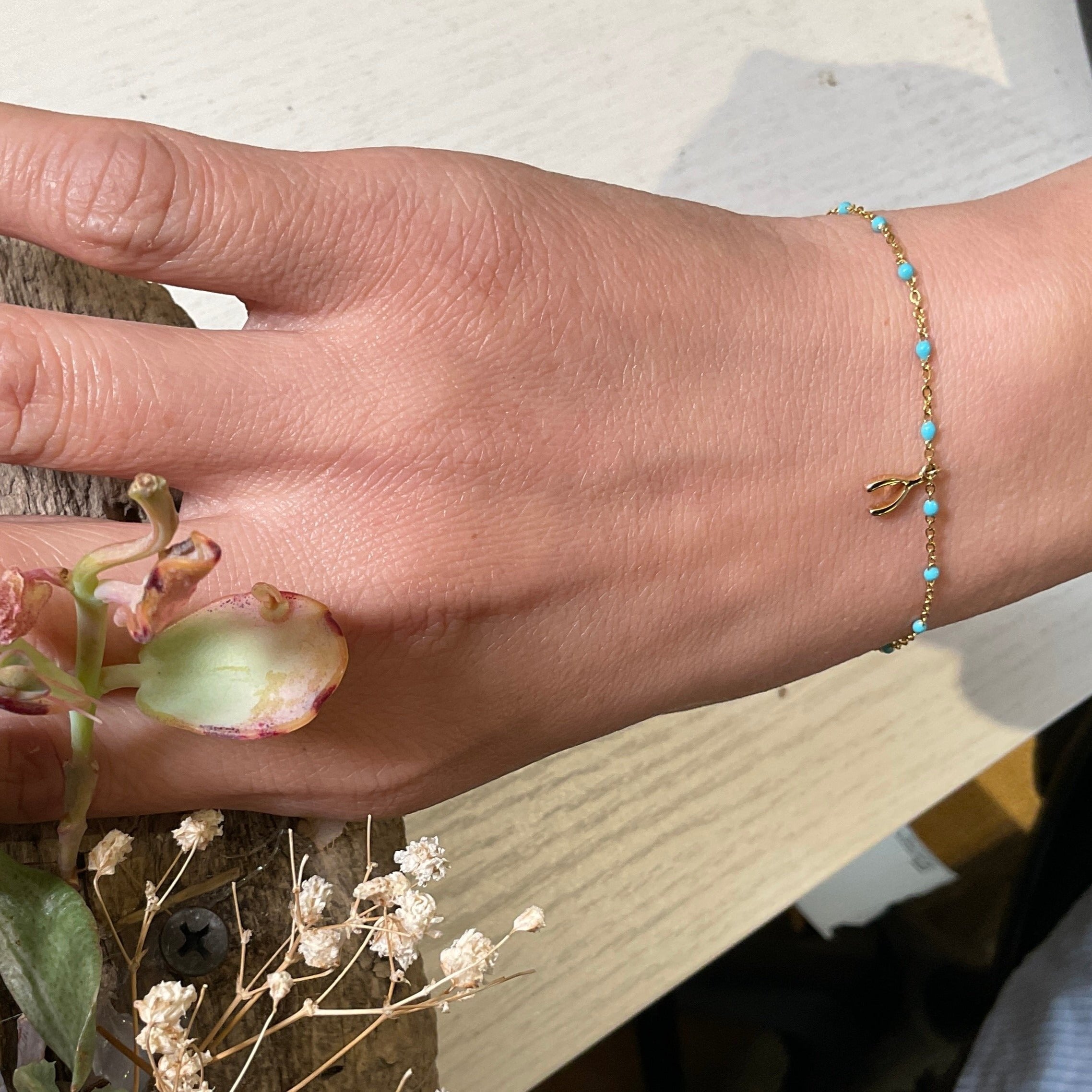 Turquoise Bracelet With Wishbone Charm in 14k