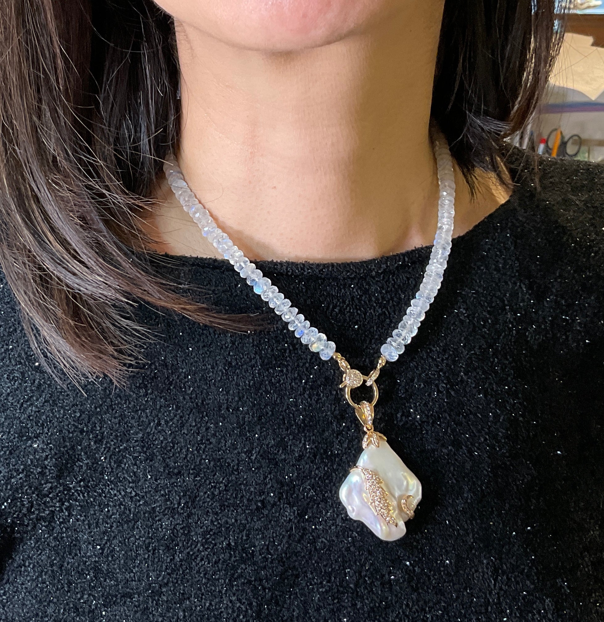Pearl & Diamond Pearl Moonstone Necklace 14k