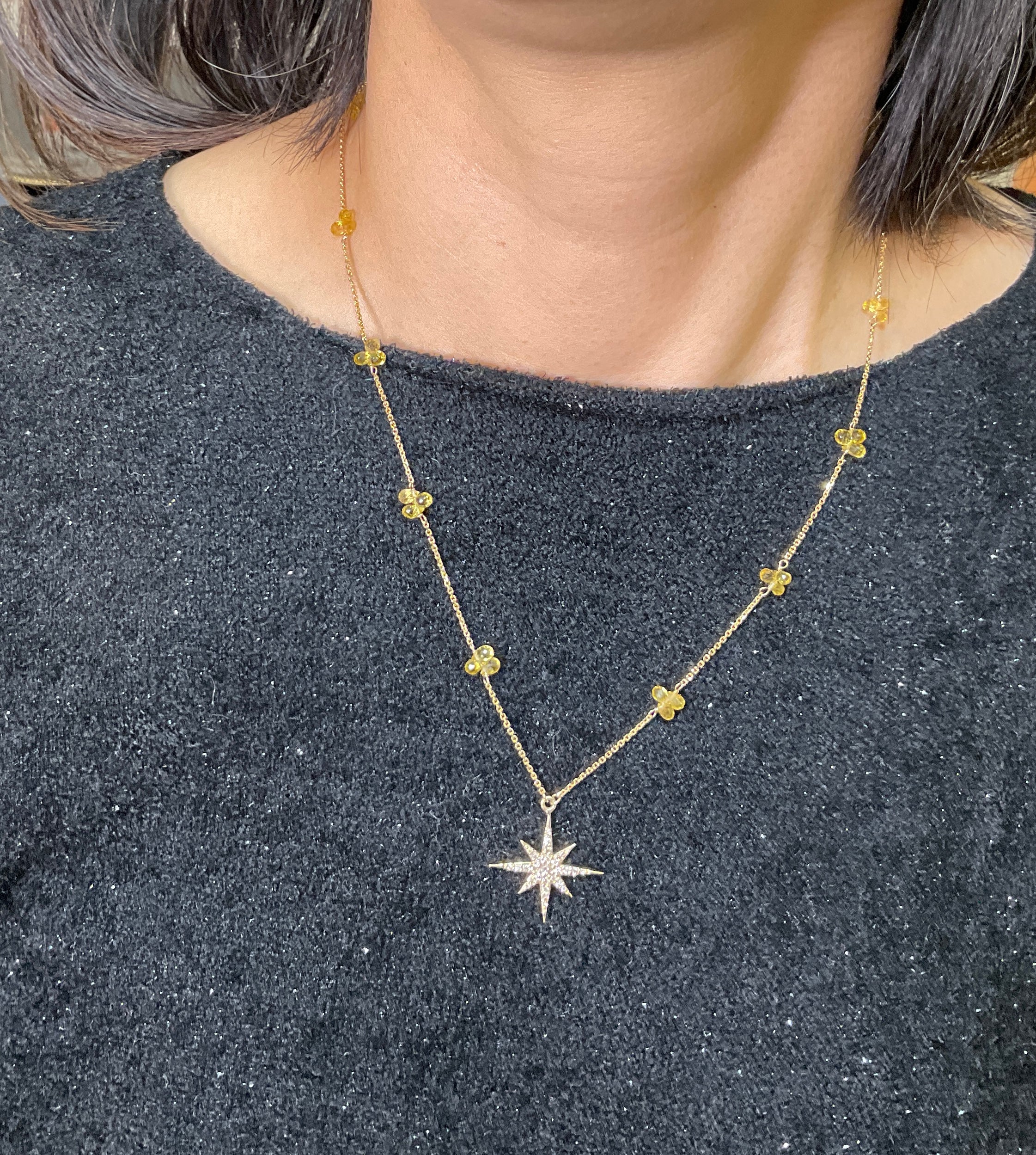 Trio Yellow Sapphire Star Pendant Necklace in 14k