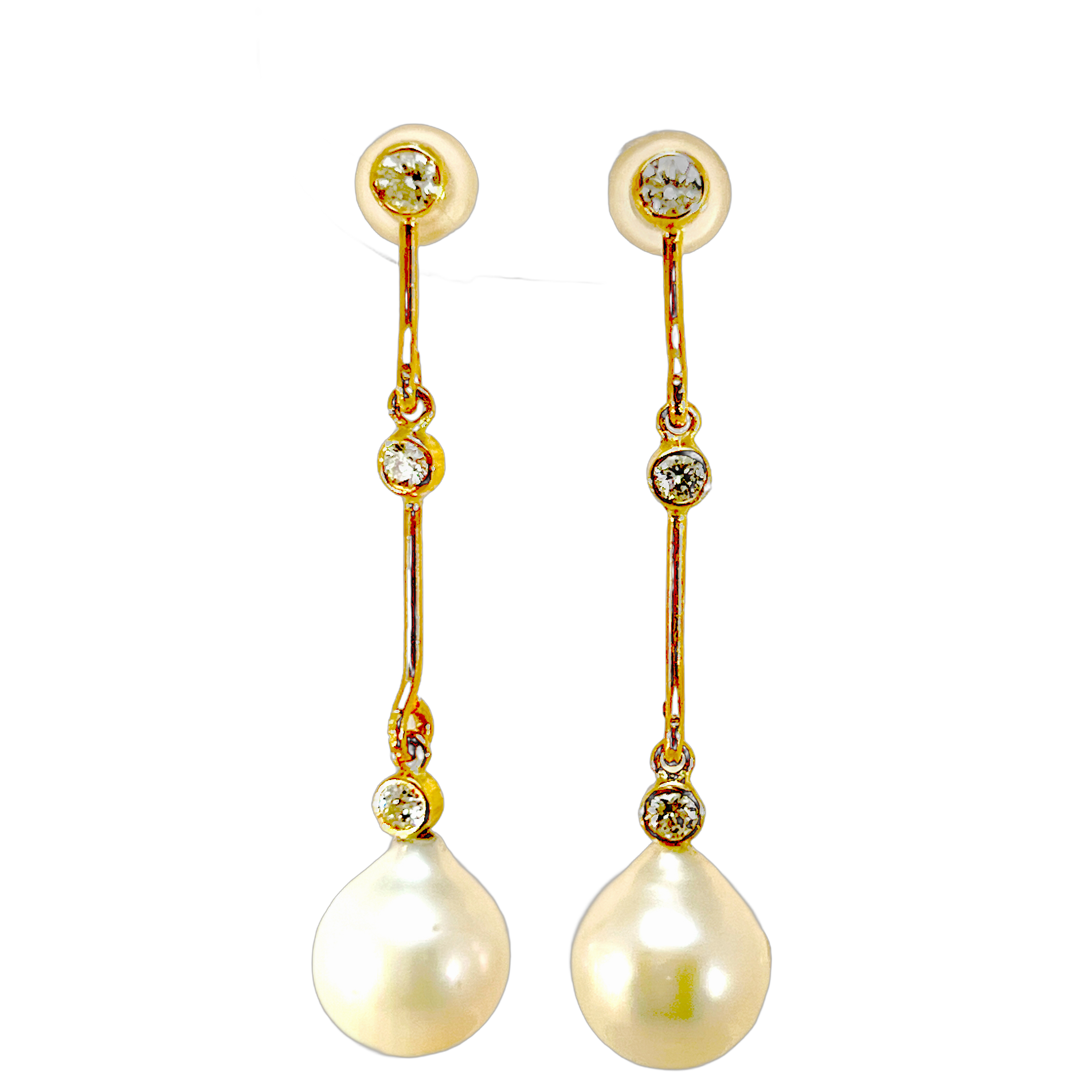 Triple Diamond Dangle Pearl Studs Earrings 14k