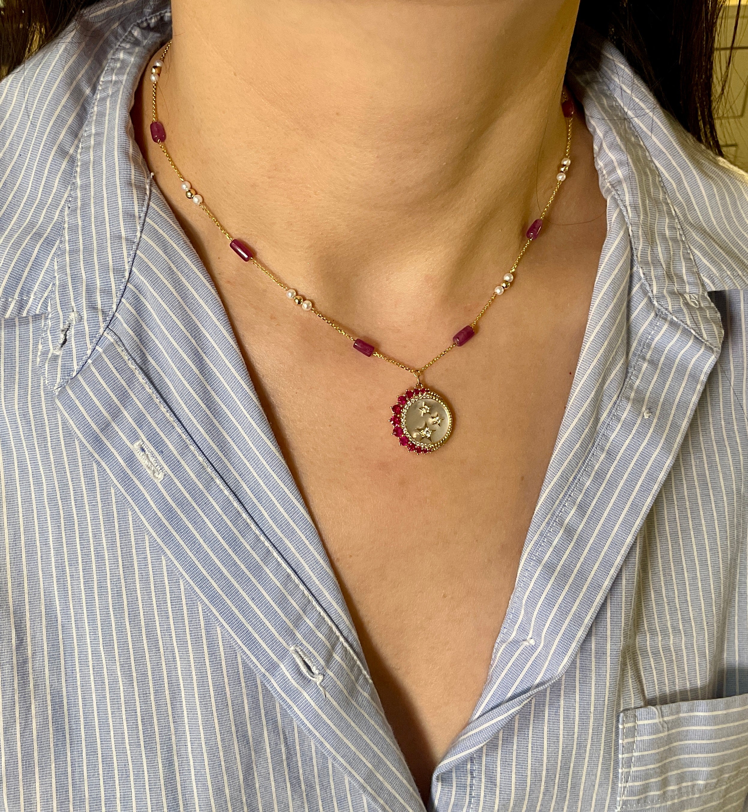 Starry Ruby Mother Of Pearl Pendant Necklace in 14k