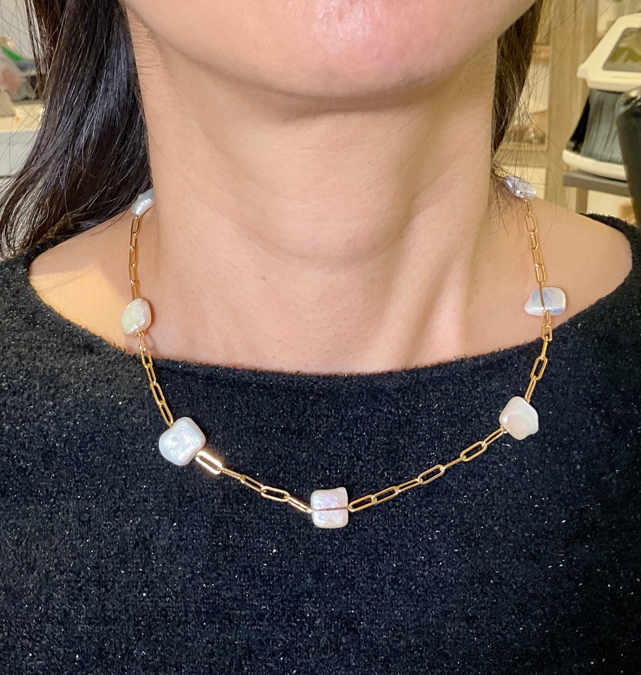 Little Square Pearl Section Paperclip Necklace