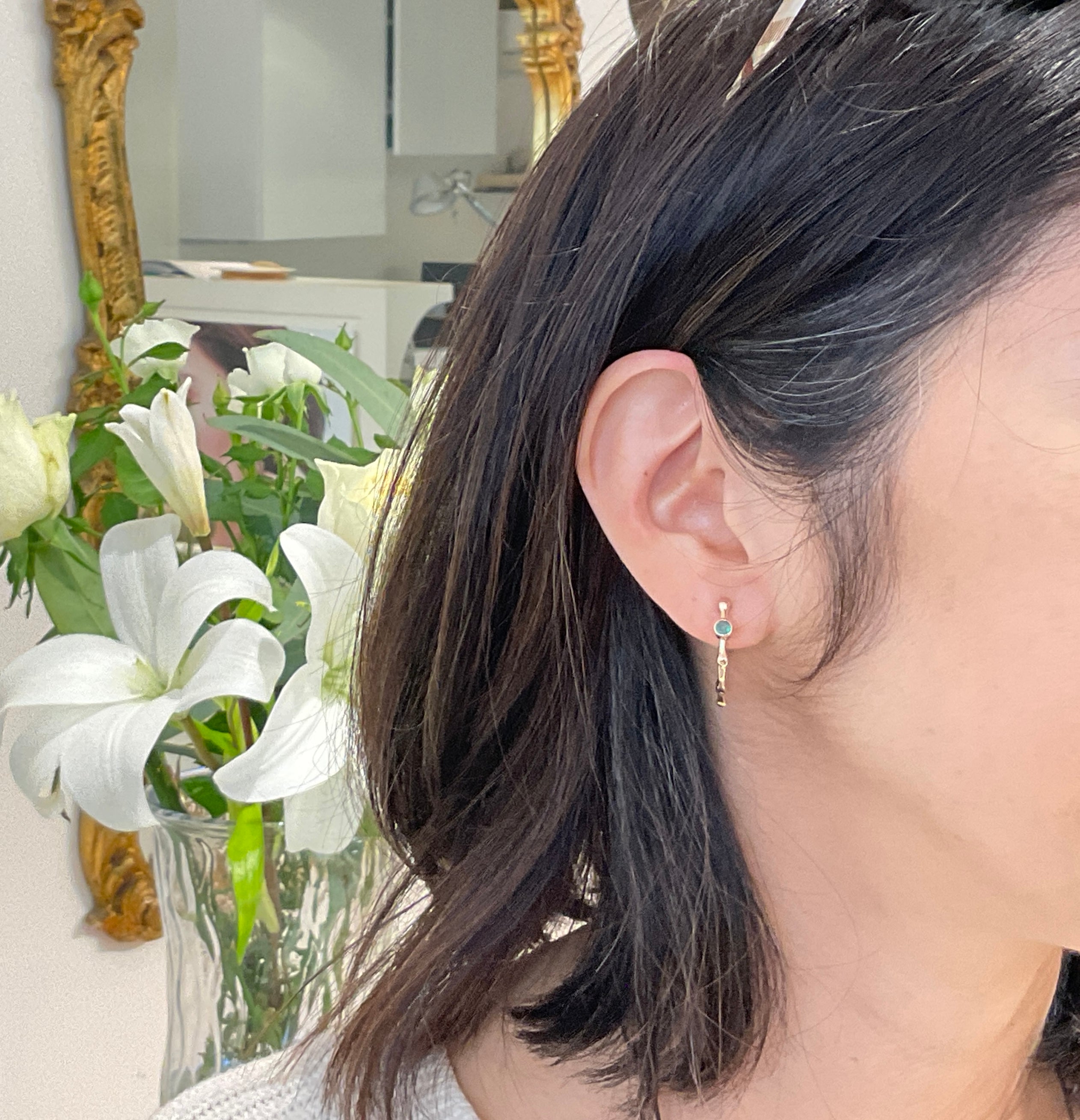 Bamboo hoops with emerald-14k gold hoops