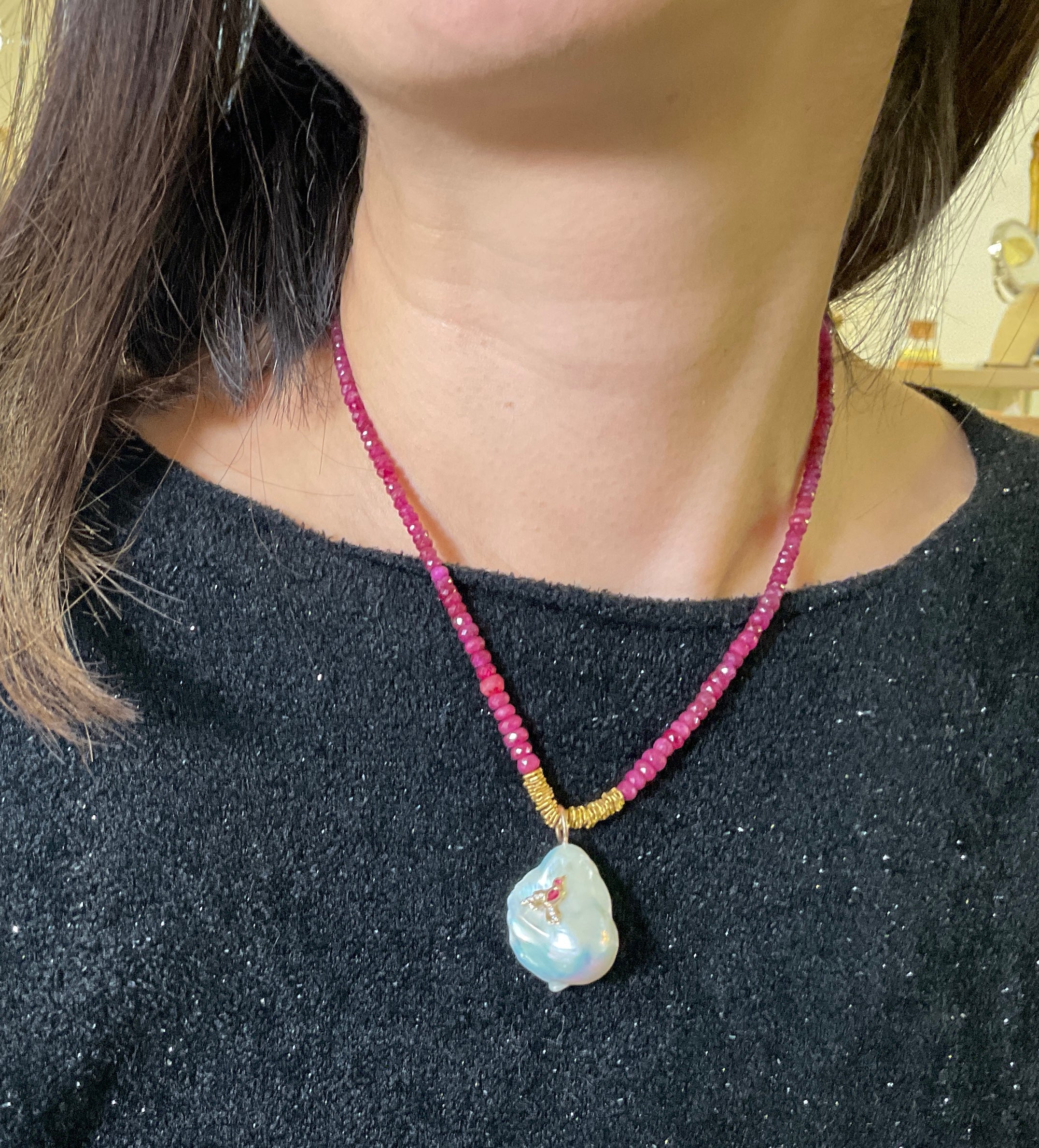 Hummingbird Ruby Pearl Necklace